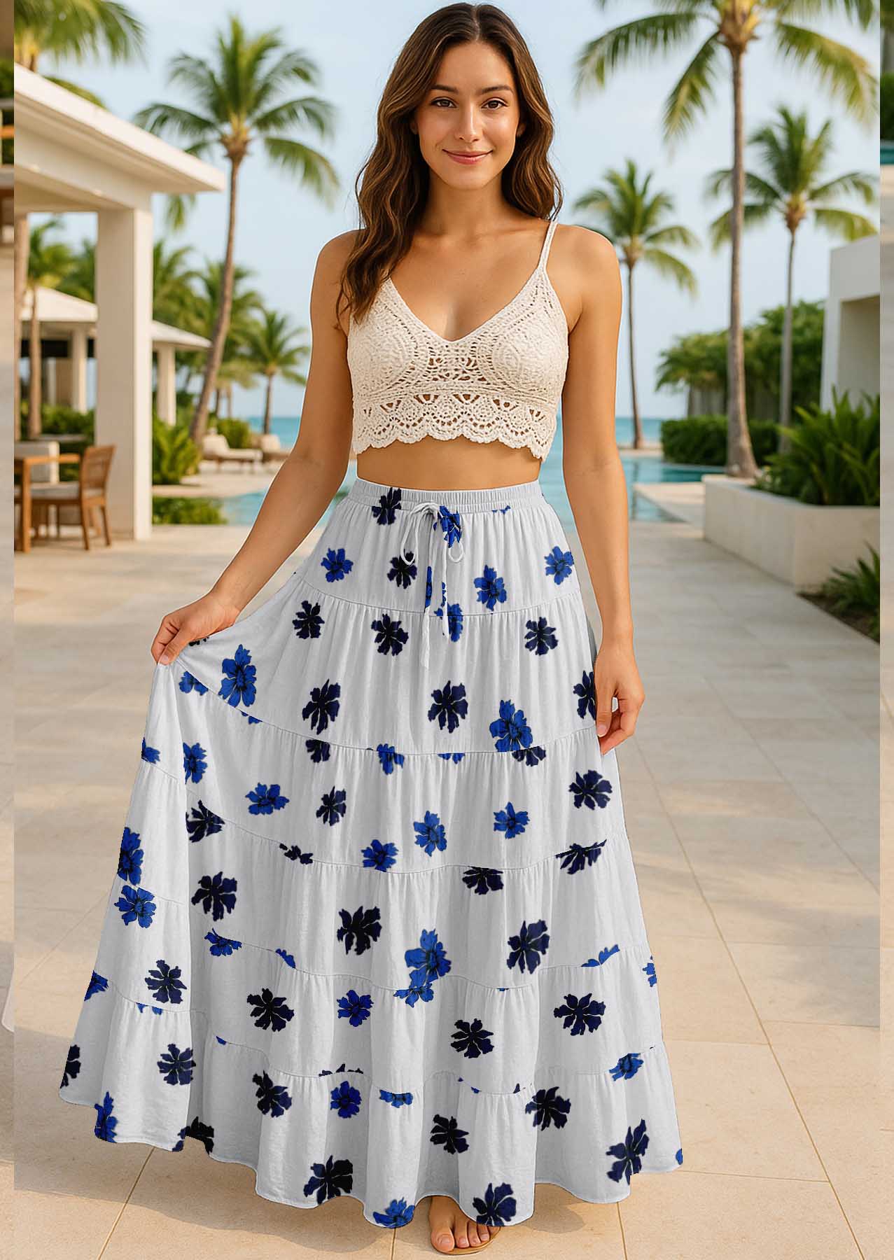 Women's Cotton  Tiered Maxi Summer Skirt | 40-Inch Vacation Wear