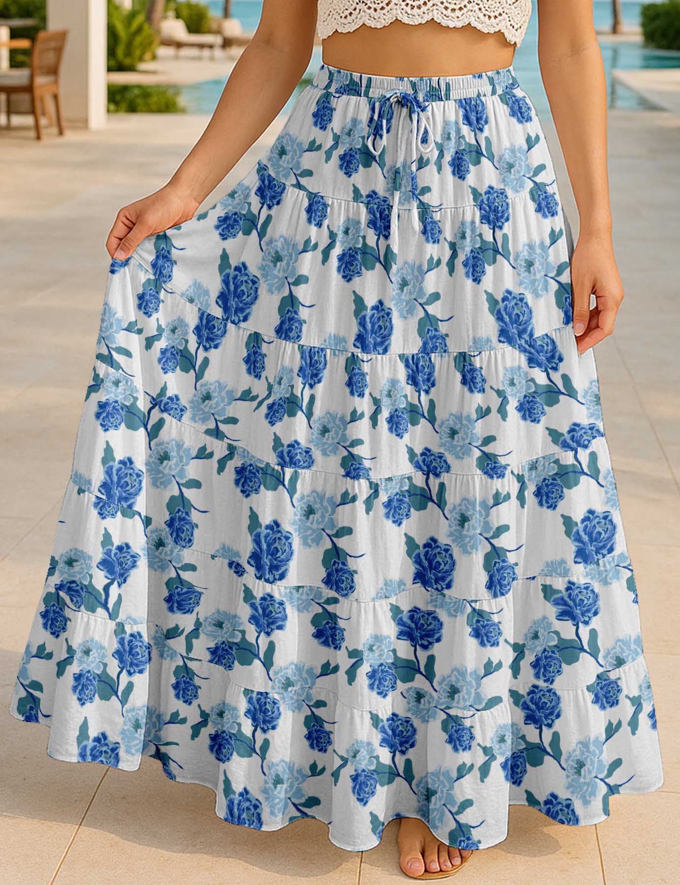 Women's Cotton Resort Skirt with Pockets | Tiered Maxi Summer Skirt