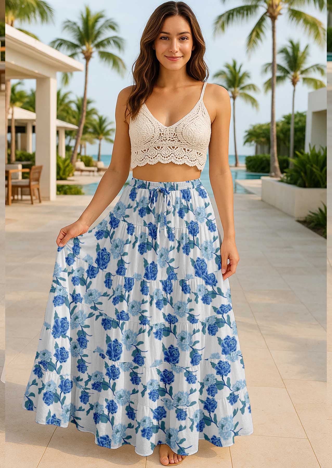 Women's Cotton Resort Skirt with Pockets | Tiered Maxi Summer Skirt
