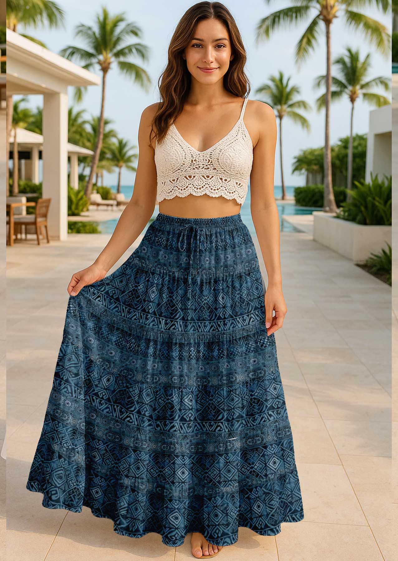 Women's Cotton  Tiered Maxi Summer Skirt | 40-Inch Vacation Wear