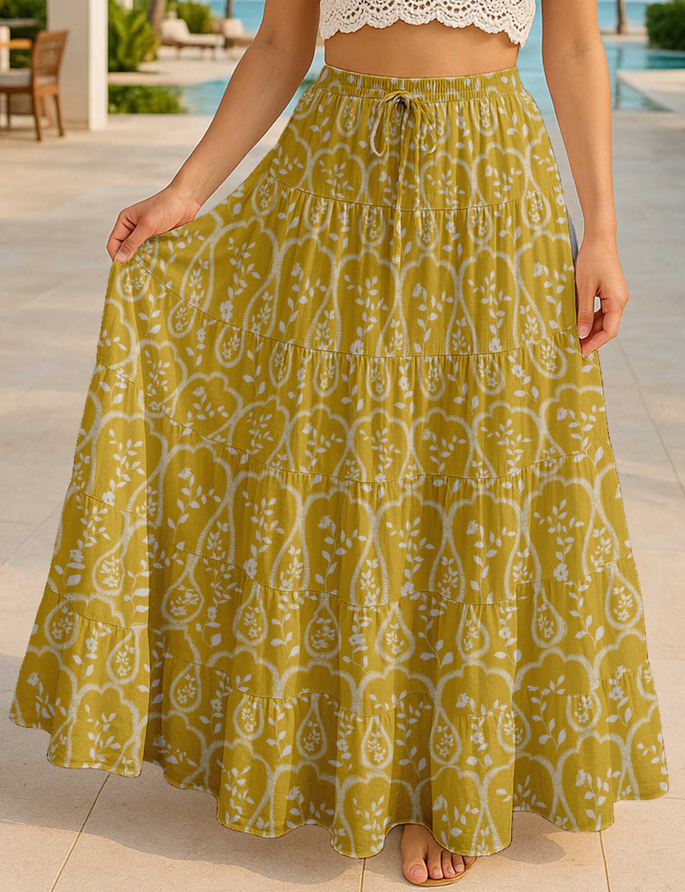 Women's Cotton  Tiered Maxi Summer Skirt | 40-Inch Vacation Wear