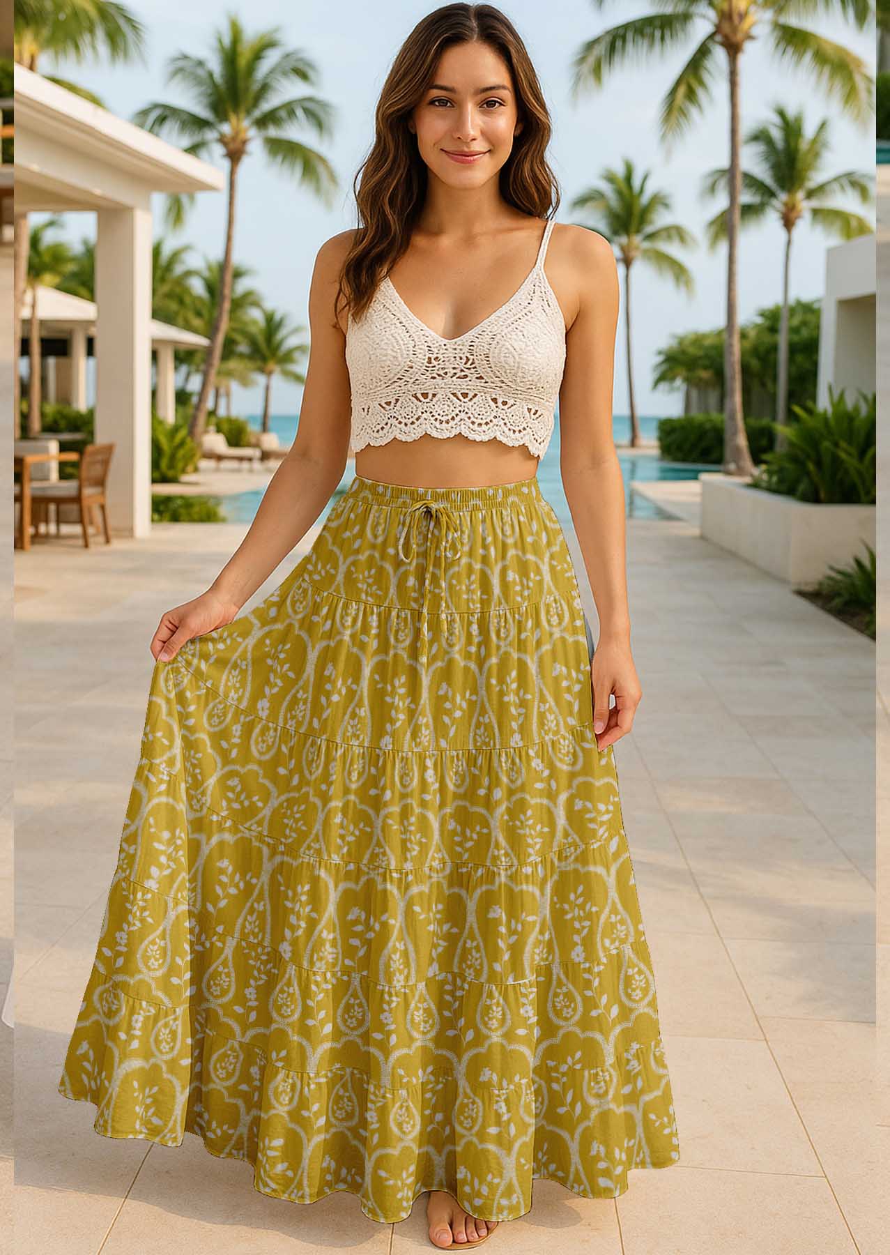 Women's Cotton  Tiered Maxi Summer Skirt | 40-Inch Vacation Wear