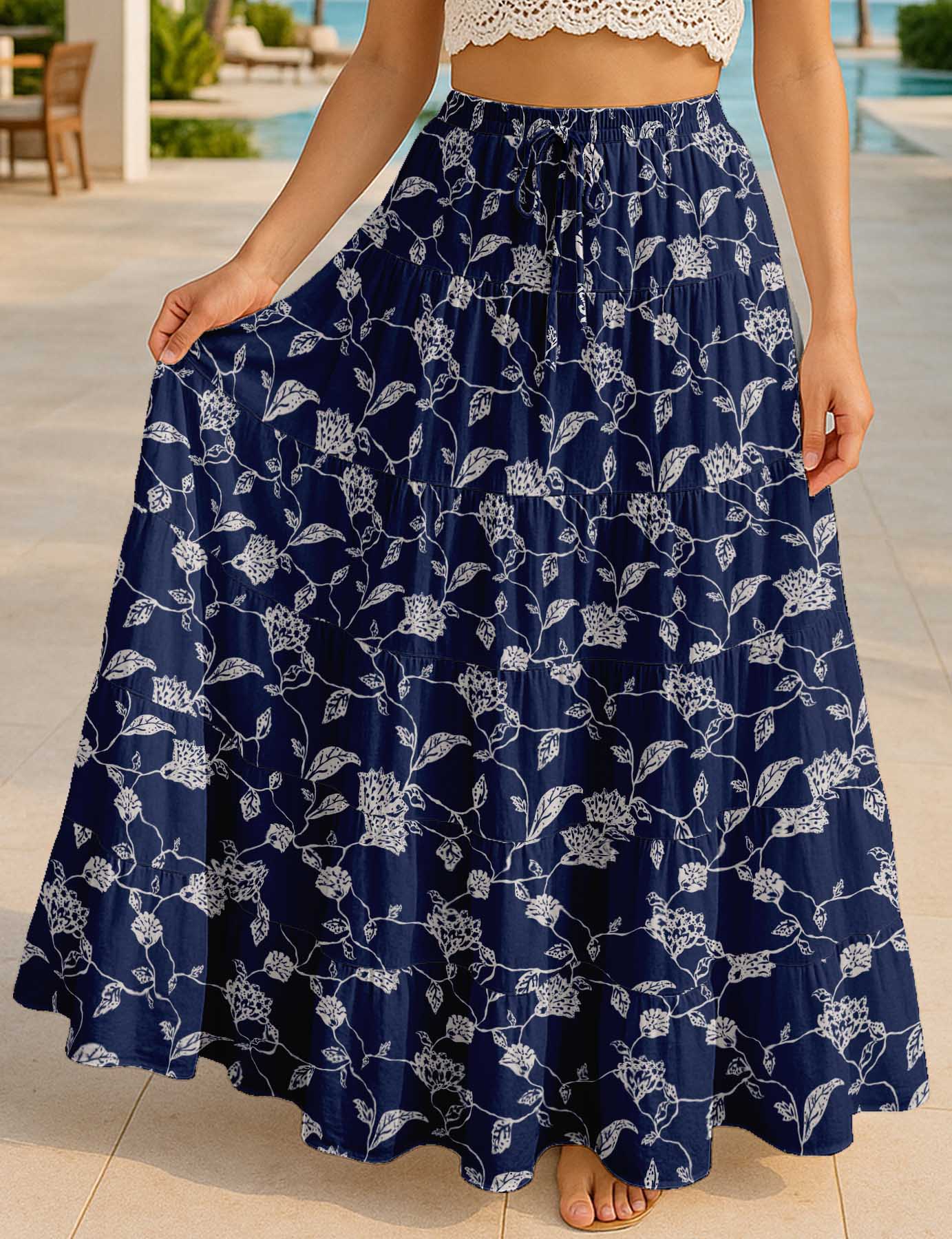 Women's Cotton  Tiered Maxi Summer Skirt | 40-Inch Vacation Wear