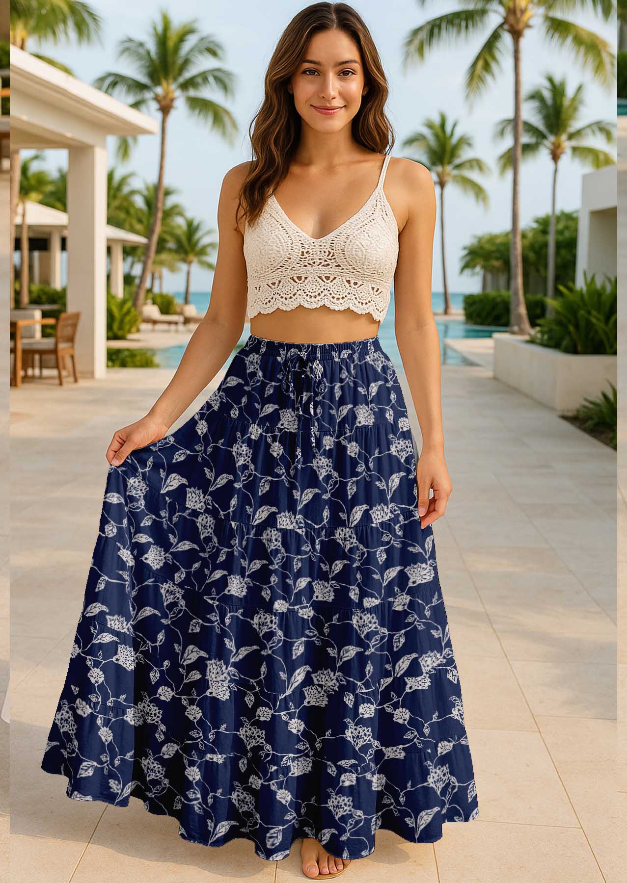 Women's Cotton  Tiered Maxi Summer Skirt | 40-Inch Vacation Wear