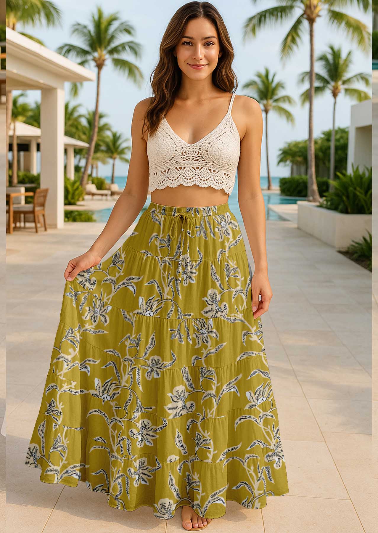 Women's Cotton  Skirt with Pockets | Flowy Vacation Outfit | Tiered Maxi Summer Skirt