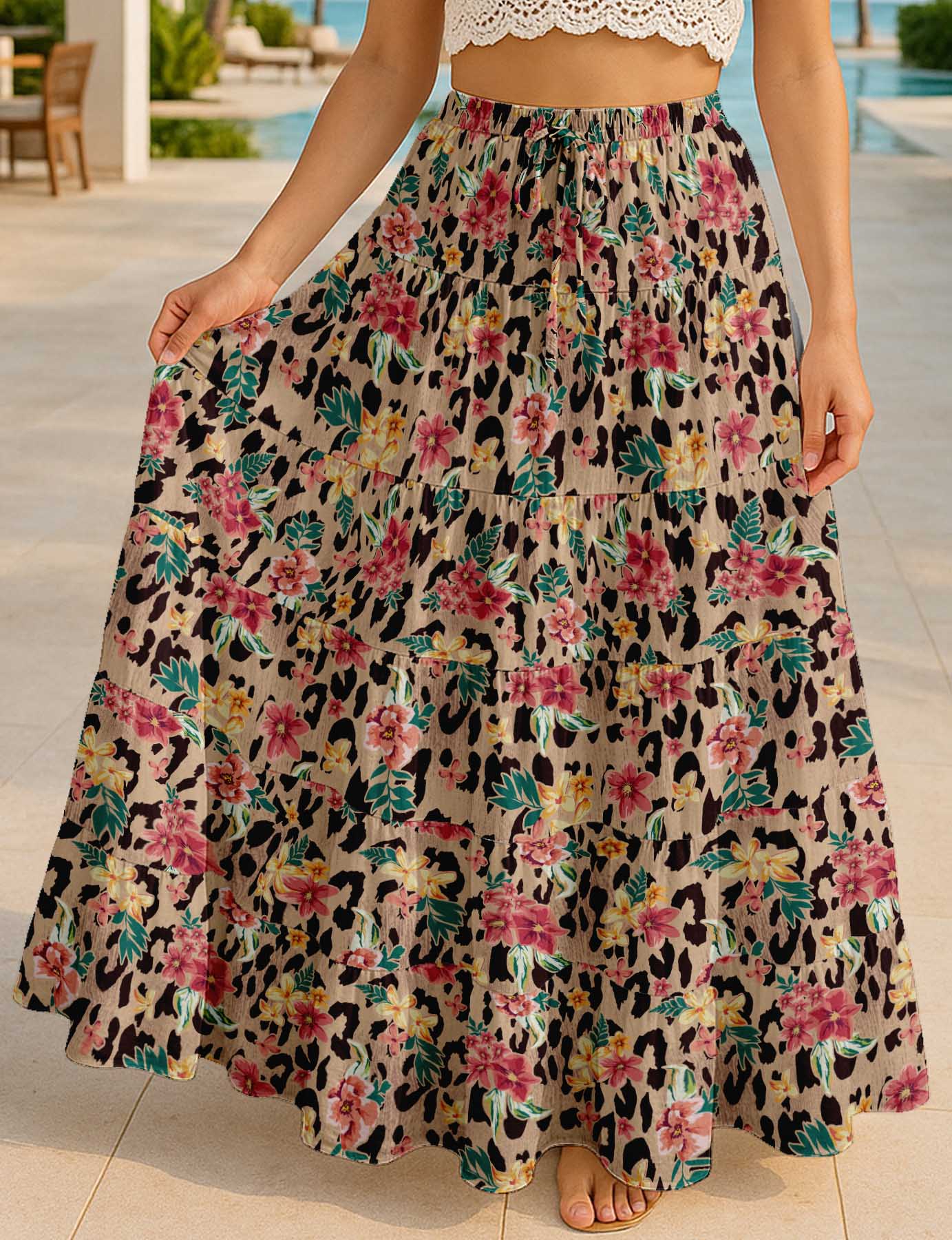 Women's Cotton  Skirt with Pockets | Flowy Vacation Outfit | Tiered Maxi Summer Skirt