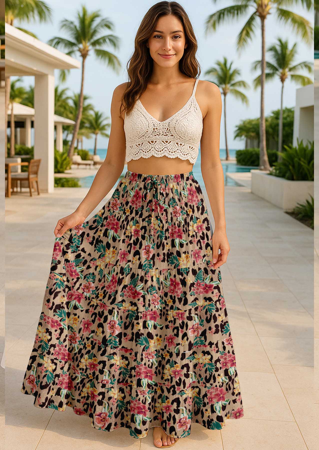Women's Cotton  Skirt with Pockets | Flowy Vacation Outfit | Tiered Maxi Summer Skirt