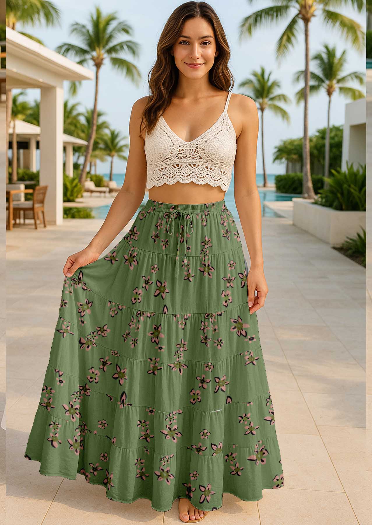Women's Cotton  Tiered Maxi Summer Skirt | 40-Inch Vacation Wear