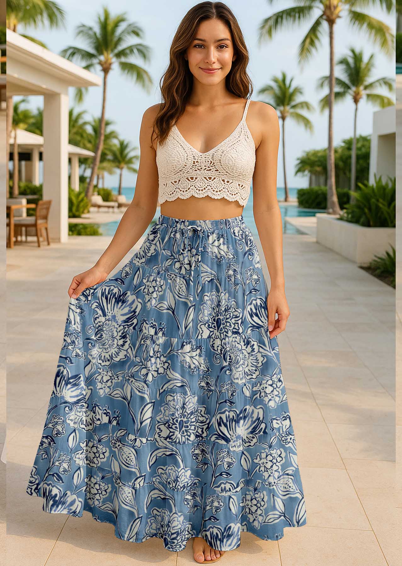Women's Cotton  Skirt with Pockets | Flowy Vacation Outfit | Tiered Maxi Summer Skirt