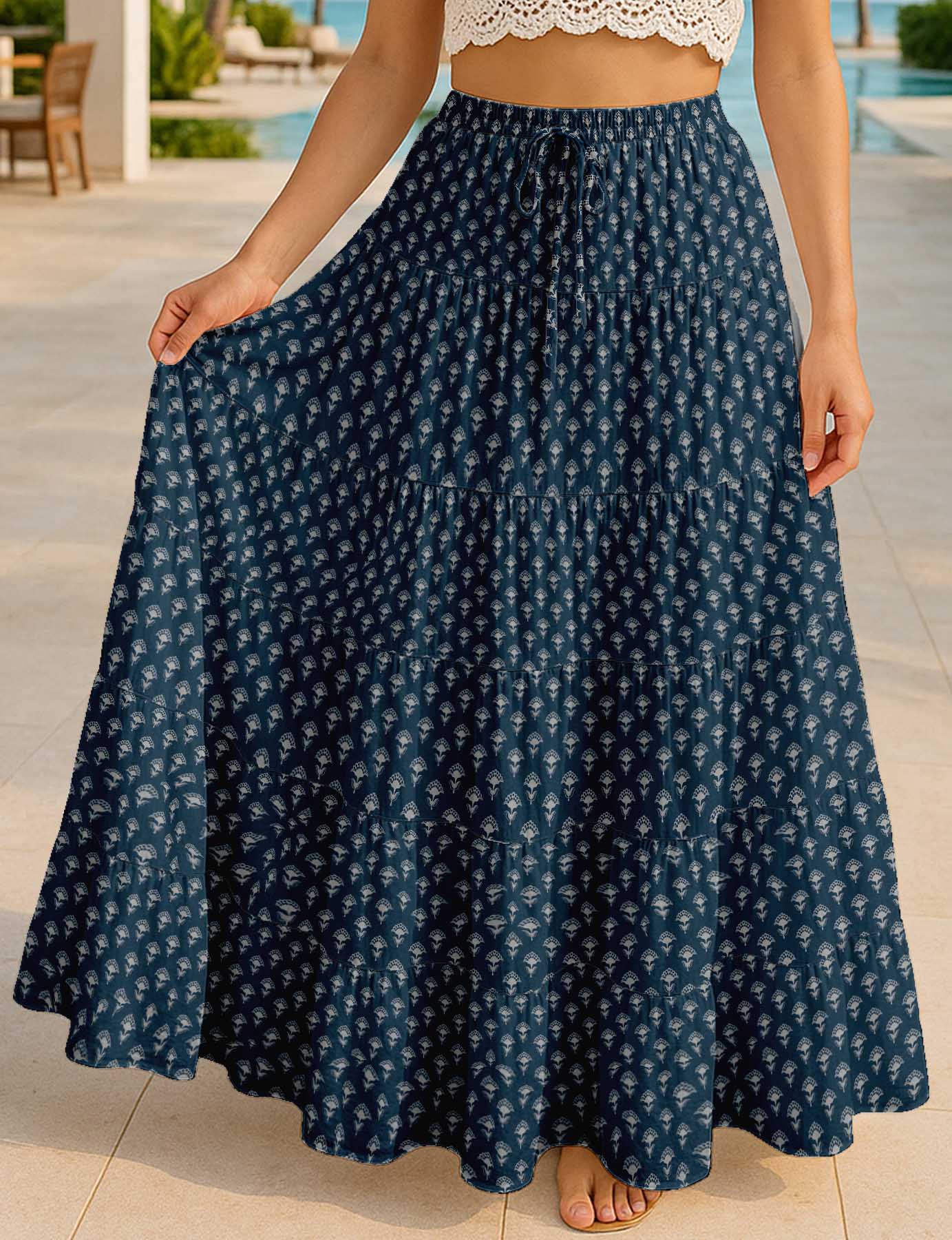 Women's Cotton  Skirt with Pockets | Flowy Vacation Outfit | Tiered Maxi Summer Skirt