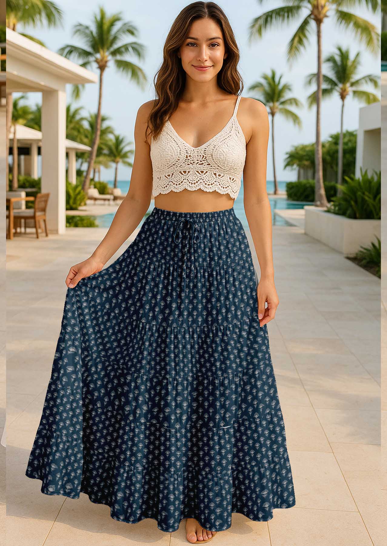 Women's Cotton  Skirt with Pockets | Flowy Vacation Outfit | Tiered Maxi Summer Skirt