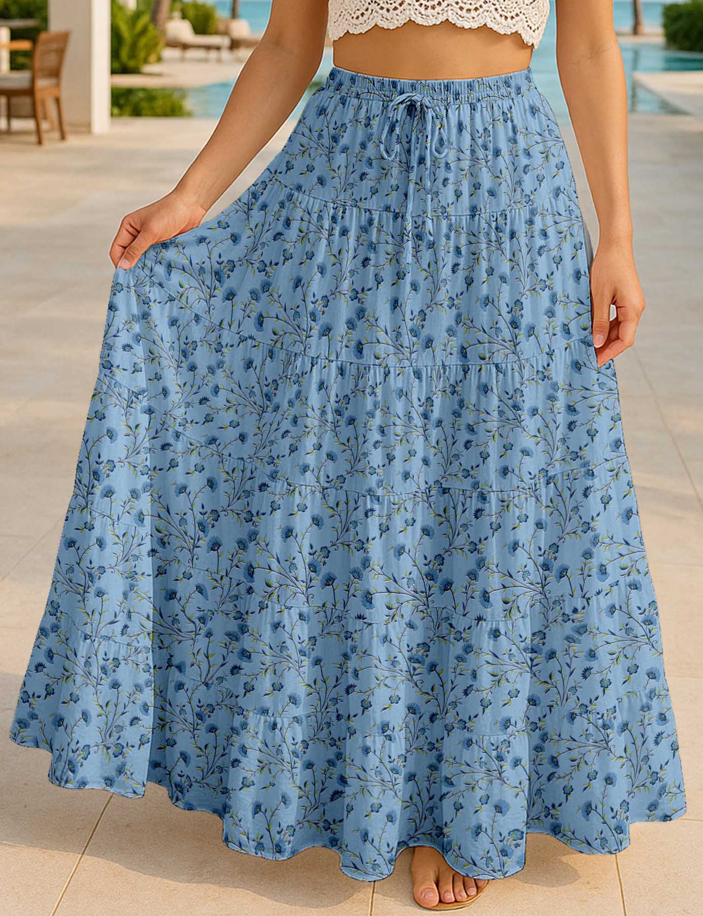 Women's Cotton  Skirt with Pockets | Flowy Vacation Outfit | Tiered Maxi Summer Skirt