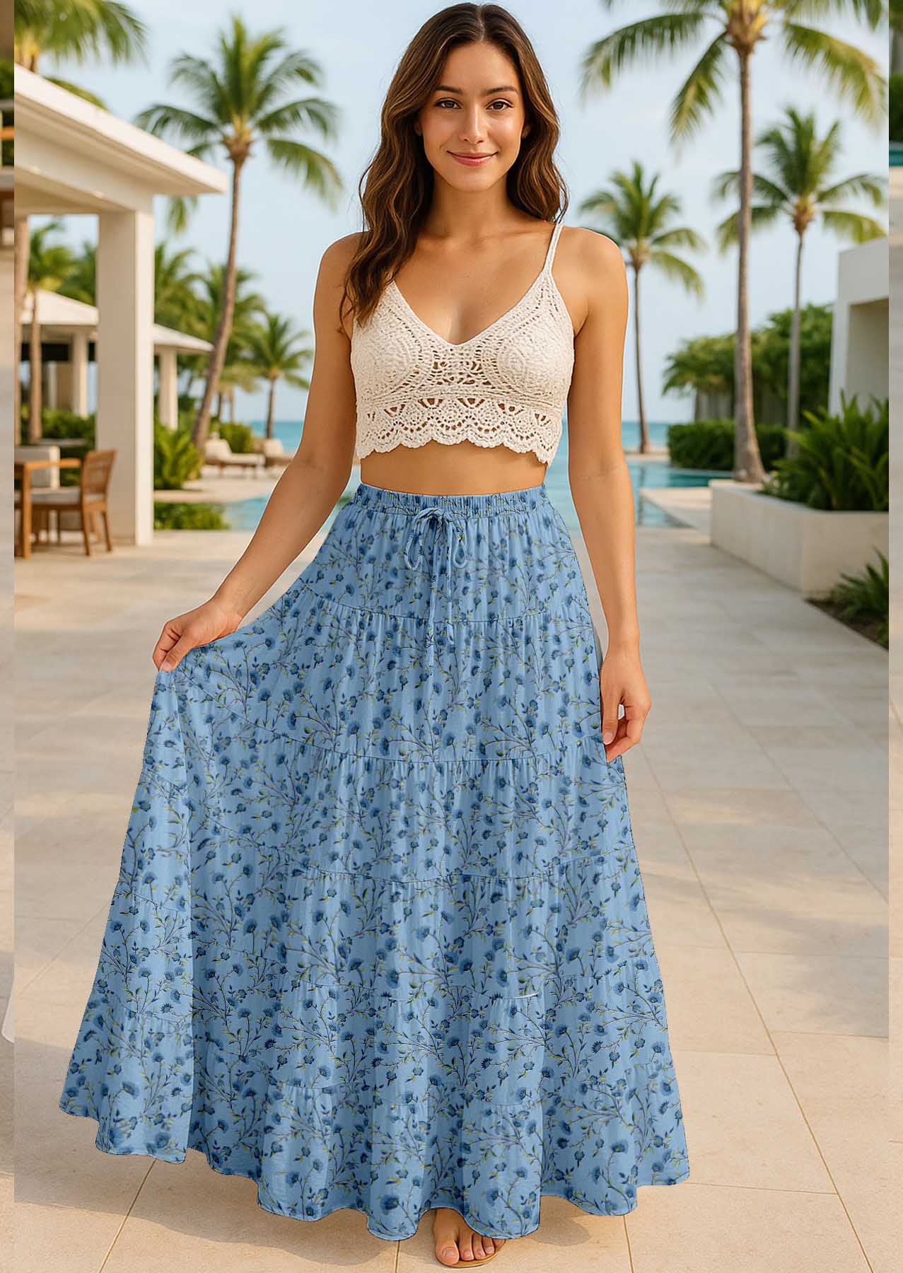 Women's Cotton  Skirt with Pockets | Flowy Vacation Outfit | Tiered Maxi Summer Skirt