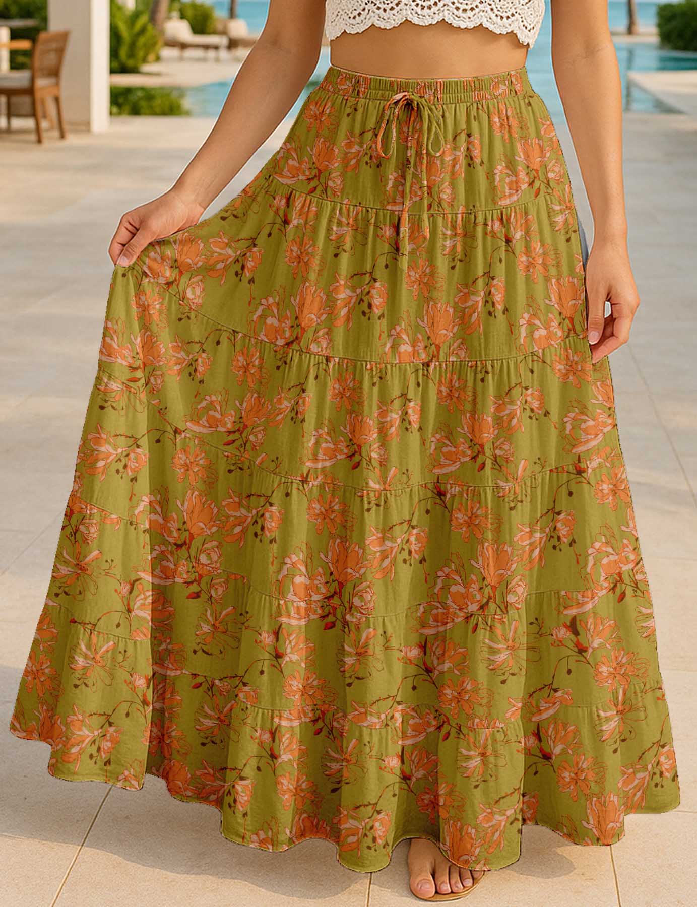 Women's Tiered Maxi Summer Skirt | 40-Inch Vacation Wear | Flowy Vacation Outfit