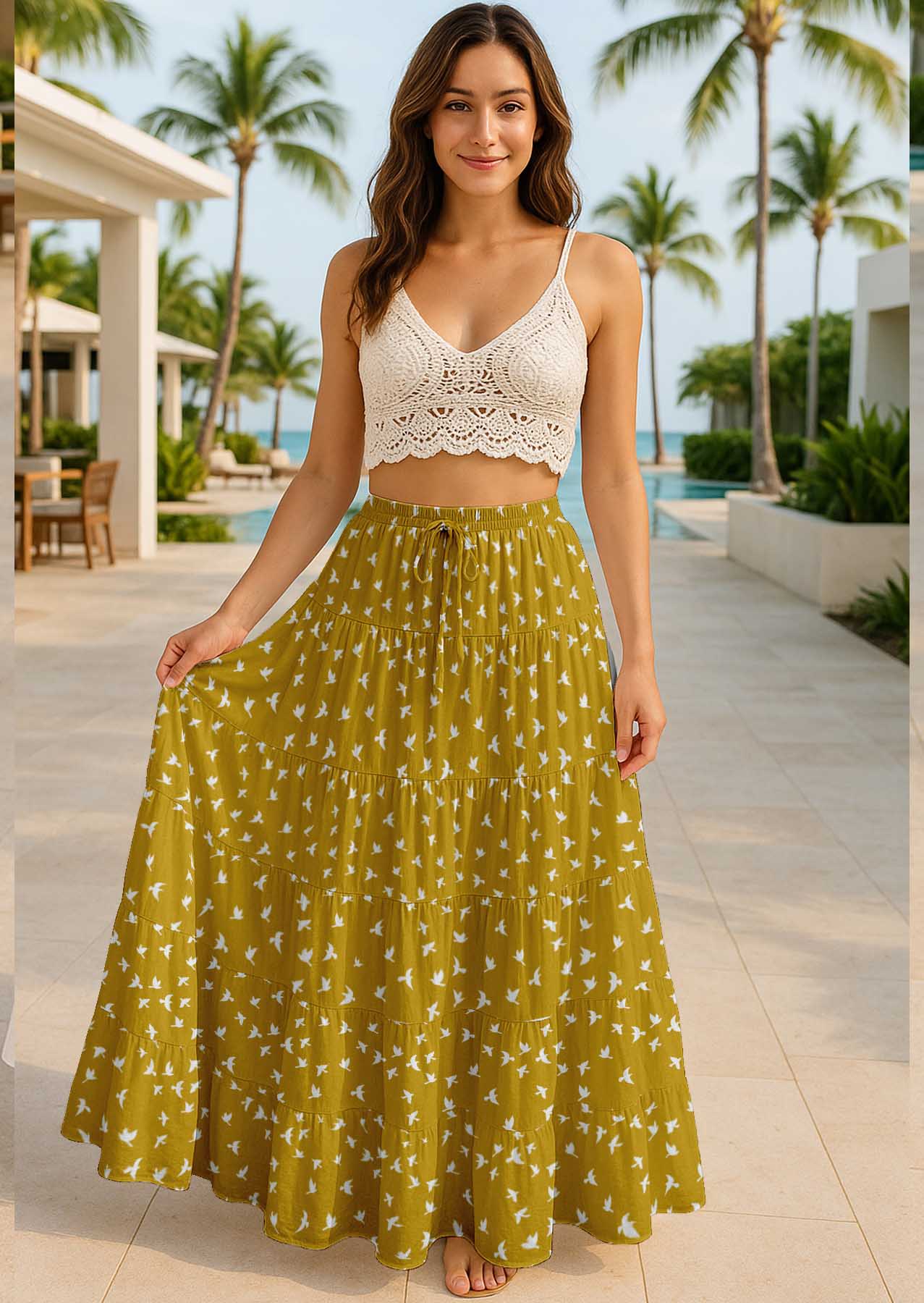 Women's Tiered Maxi Summer Skirt | 40-Inch Vacation Wear | Flowy Vacation Outfit