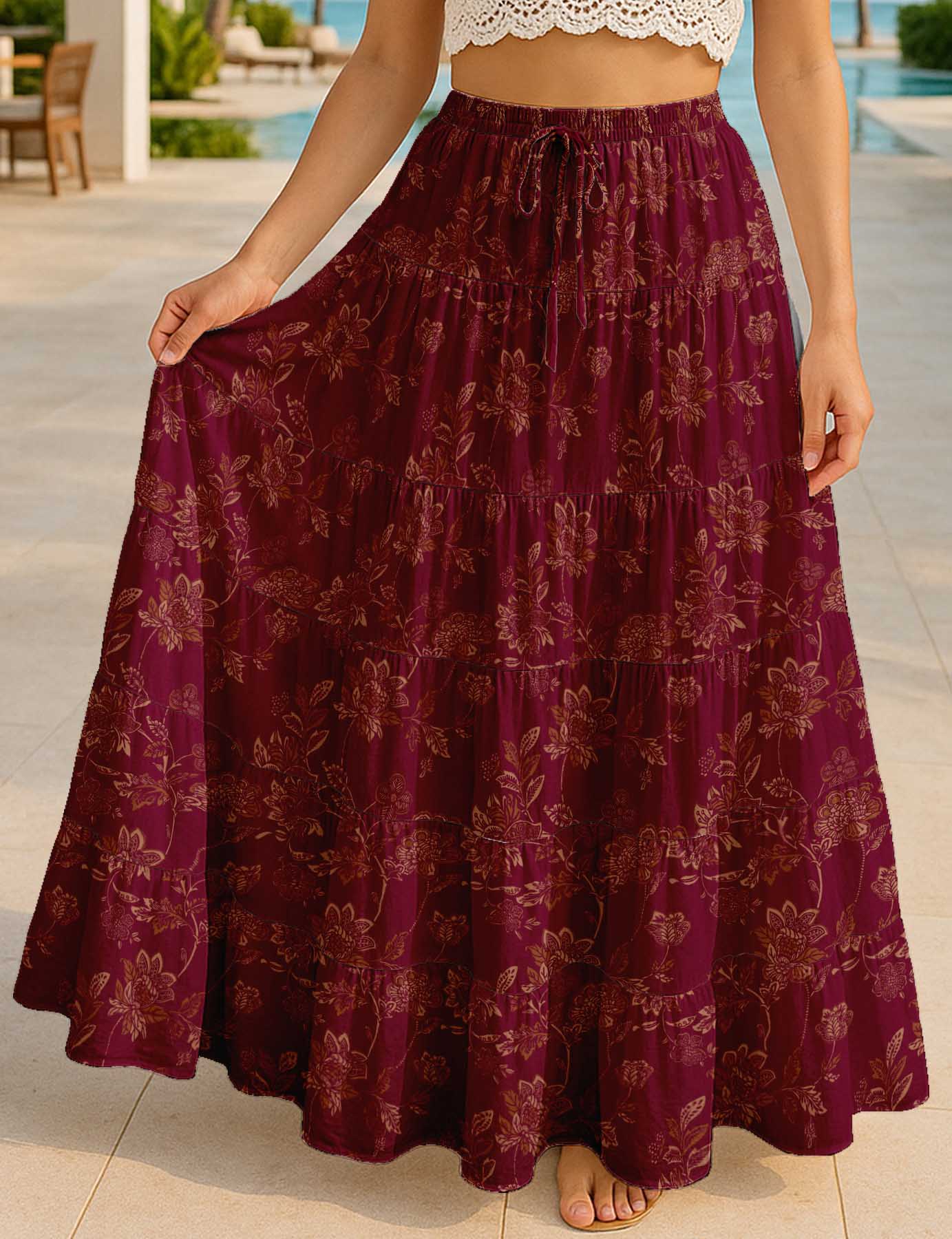 Women's Tiered Maxi Summer Skirt | 40-Inch Vacation Wear | Flowy Vacation Outfit