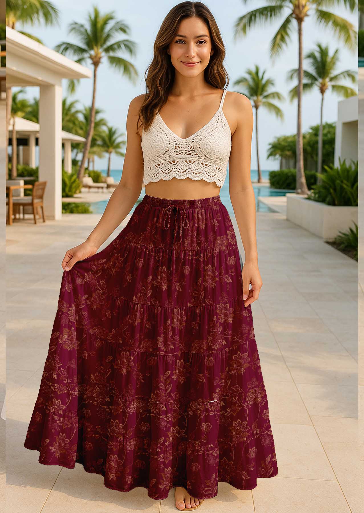 Women's Tiered Maxi Summer Skirt | 40-Inch Vacation Wear | Flowy Vacation Outfit