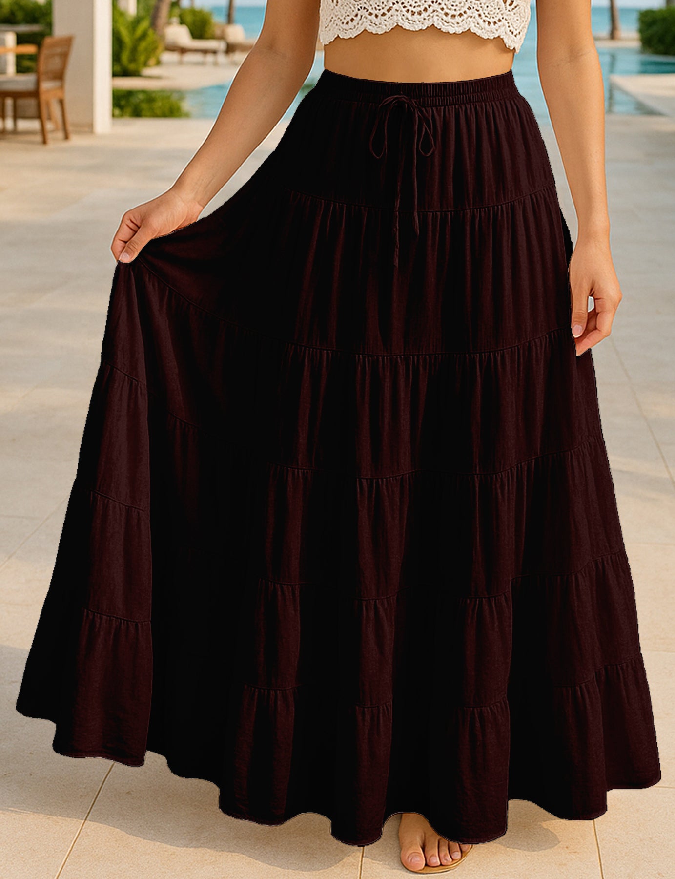 Women's Solid Cotton Maxi Skirt with Pockets Summer Outfit