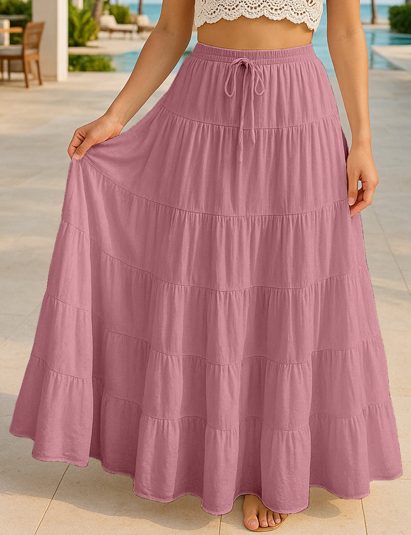 Women's Solid Cotton Maxi Skirt with Pockets Elastic Waist Resort