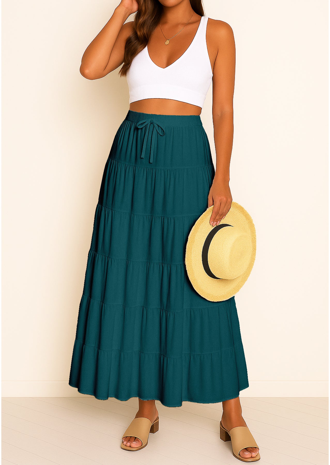 Women's Solid Cotton Maxi Skirt with Pockets Elastic Waist Resort Wear