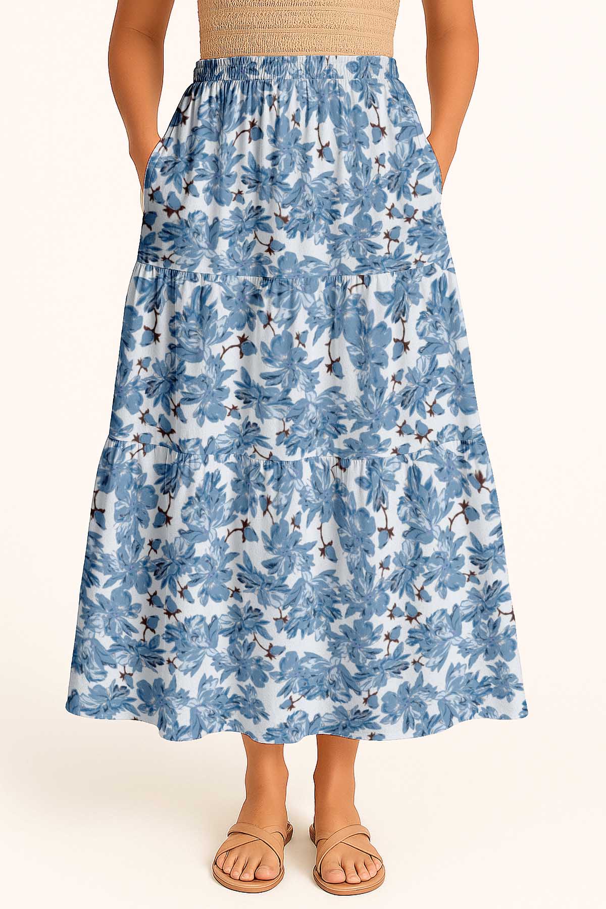 Women's Rayon Maxi Skirt with Pockets | Flowy Tiered Boho Skirt