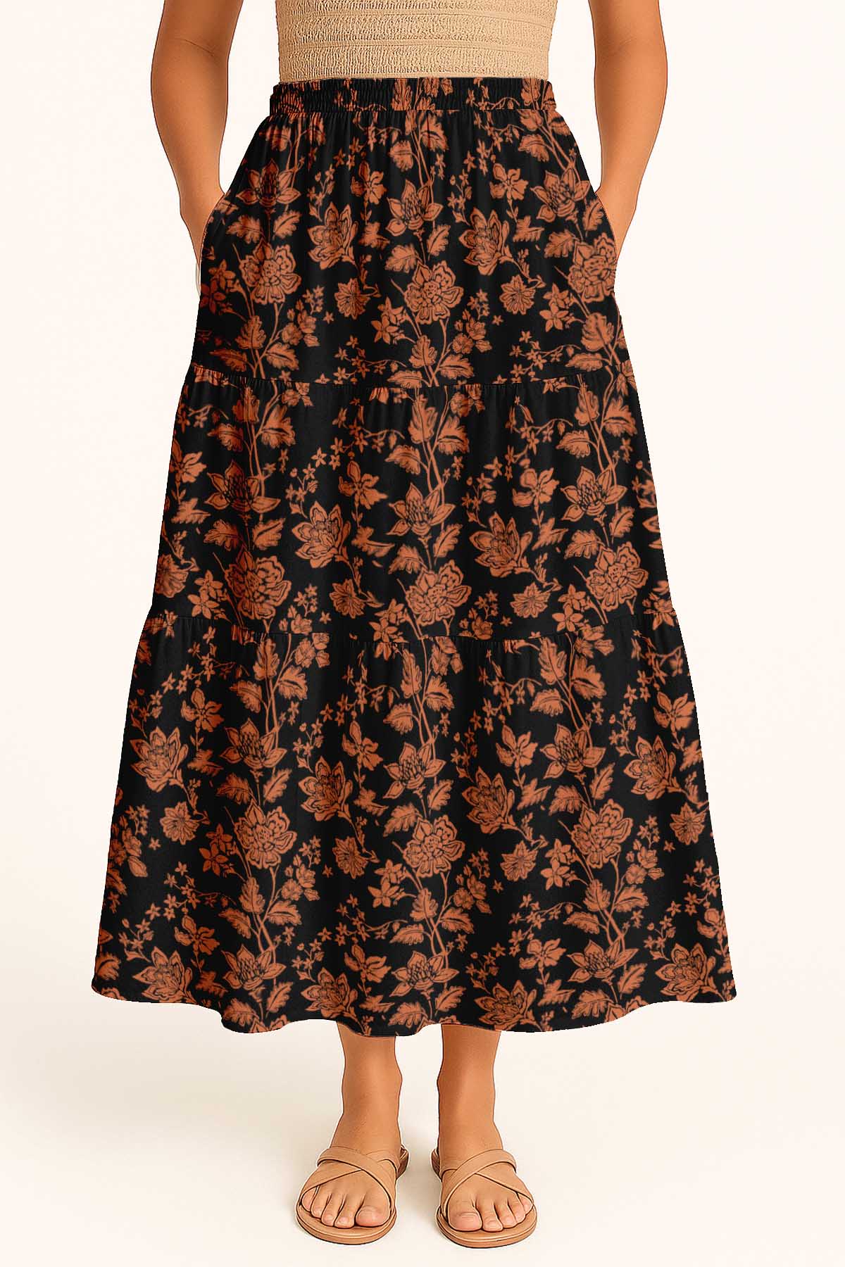 Women's Rayon Maxi Skirt with Pockets | Flowy Tiered Boho Skirt