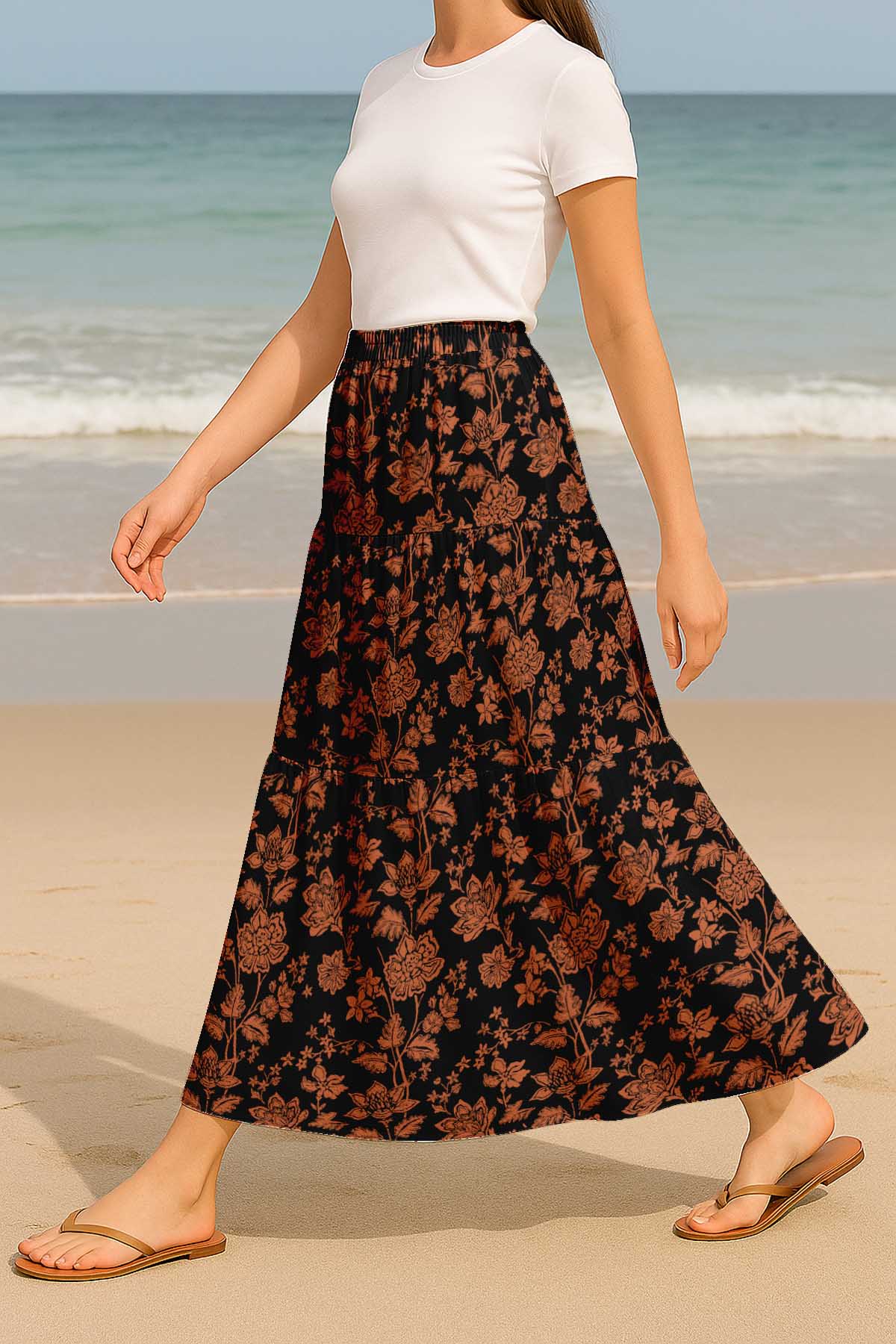 Women's Rayon Maxi Skirt with Pockets | Flowy Tiered Boho Skirt