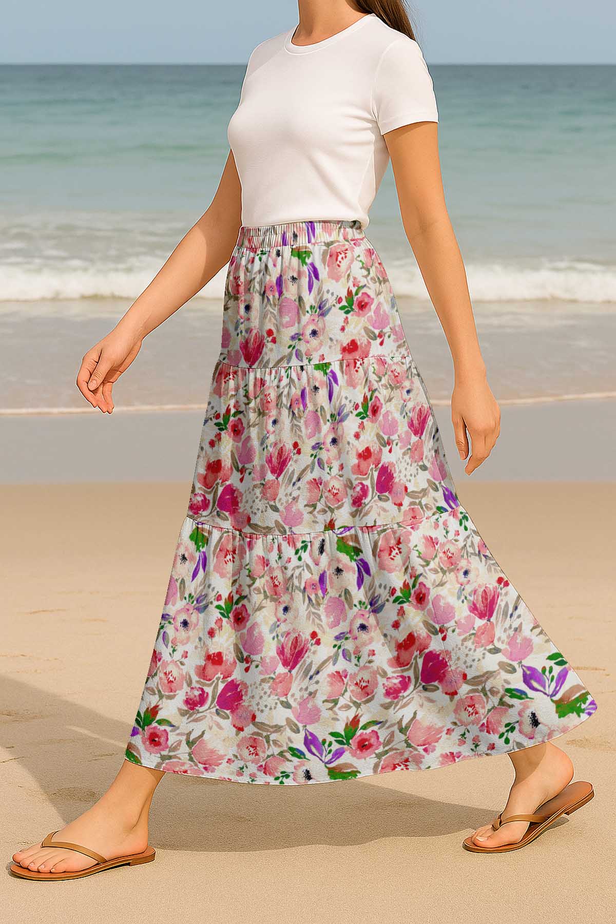 Women's Rayon Maxi Skirt with Pockets | Flowy Tiered Boho Skirt