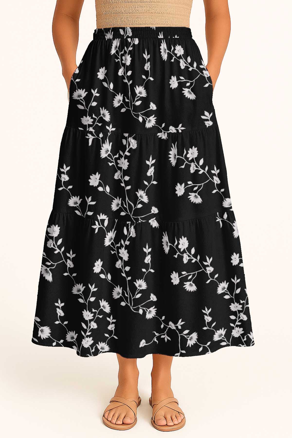 Women's Rayon Maxi Skirt with Pockets | Flowy Tiered Boho Skirt