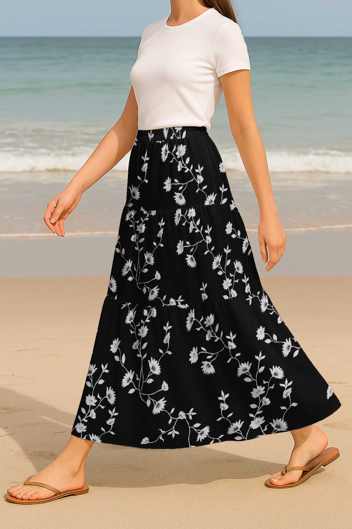 Women's Rayon Maxi Skirt with Pockets | Flowy Tiered Boho Skirt