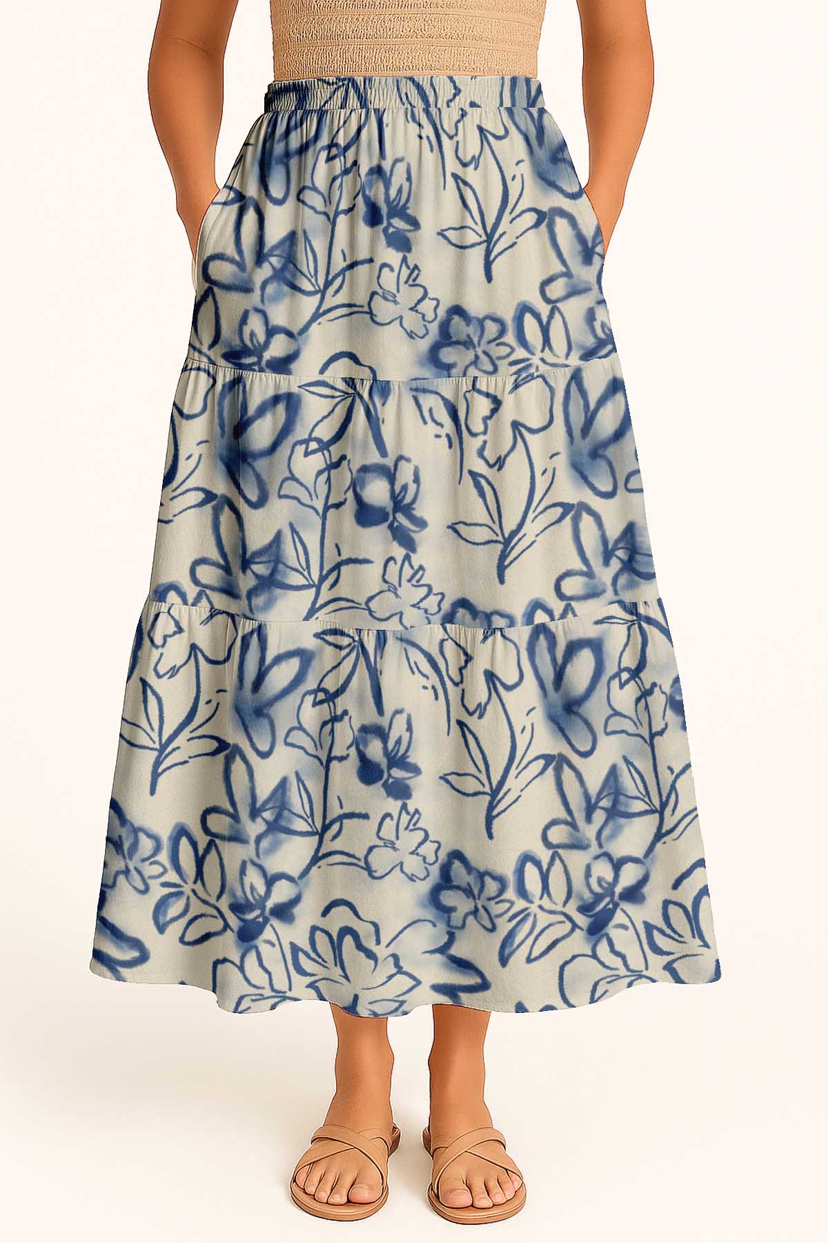 Women's Rayon Maxi Skirt with Pockets | Flowy Tiered Boho Skirt