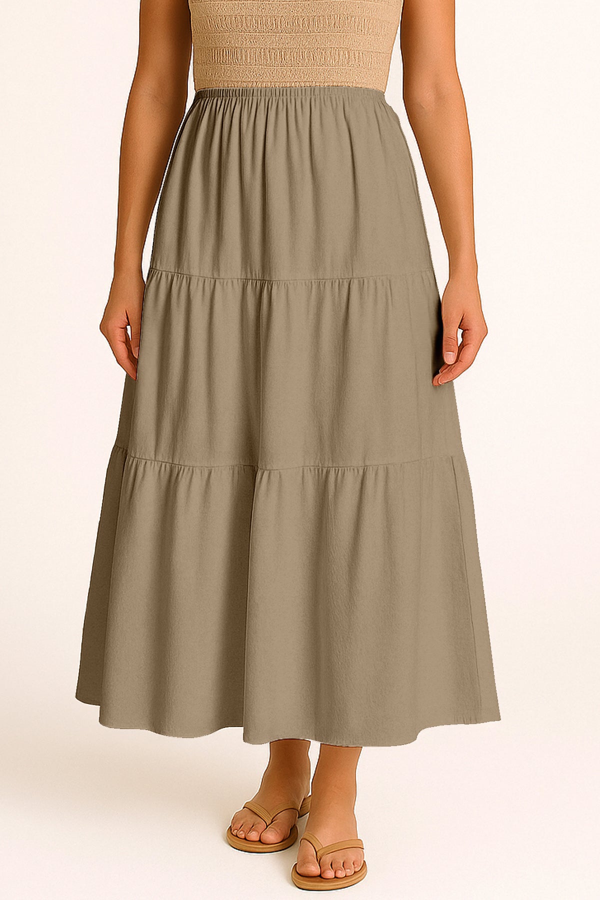 Moomaya Women's Elastic Waist Skirt | Solid Bohemian Style Rayon Maxi with Side Pockets | Tiered Flowy Skirt with Pockets