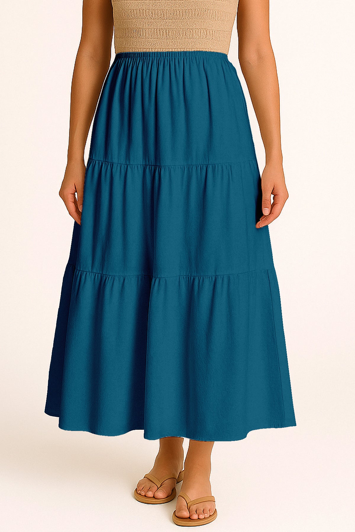 Moomaya Women's Elastic Waist Skirt | Solid Bohemian Style Rayon Maxi with Side Pockets | Tiered Flowy Skirt with Pockets