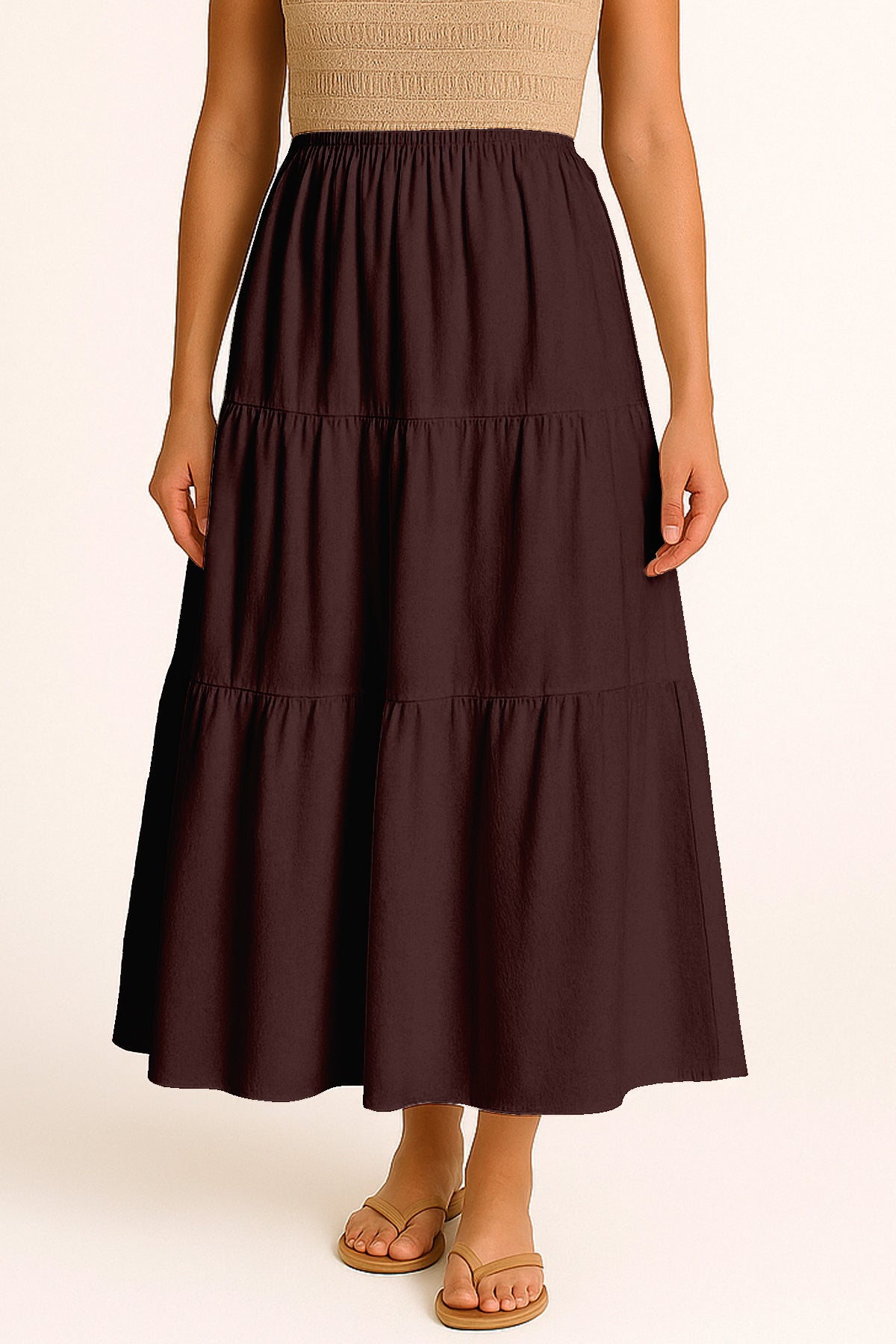 Moomaya Women's Elastic Waist Skirt | Solid Bohemian Style Rayon Maxi with Side Pockets | Tiered Flowy Skirt with Pockets