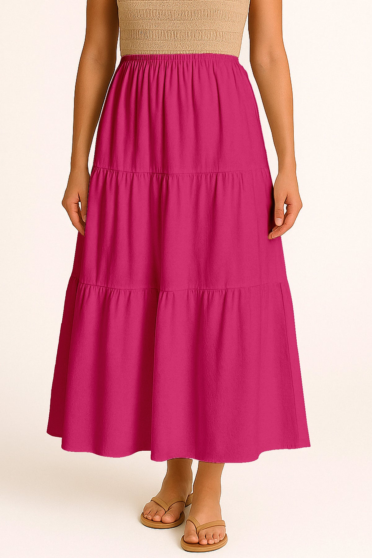 Moomaya Women's Elastic Waist Skirt | Solid Bohemian Style Rayon Maxi with Side Pockets | Tiered Flowy Skirt with Pockets