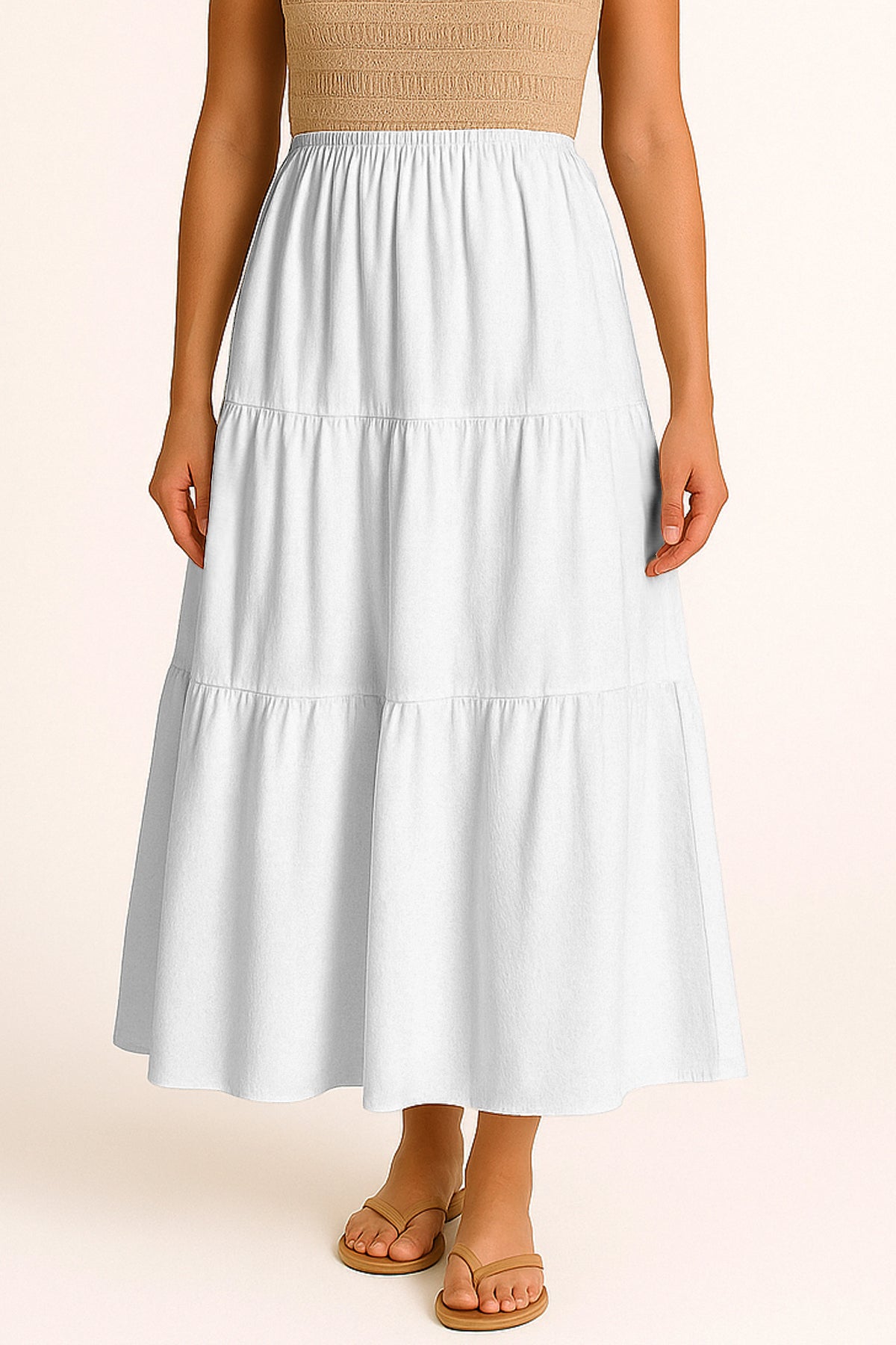 Moomaya Women's Elastic Waist Skirt | Solid Bohemian Style Rayon Maxi with Side Pockets | Tiered Flowy Skirt with Pockets