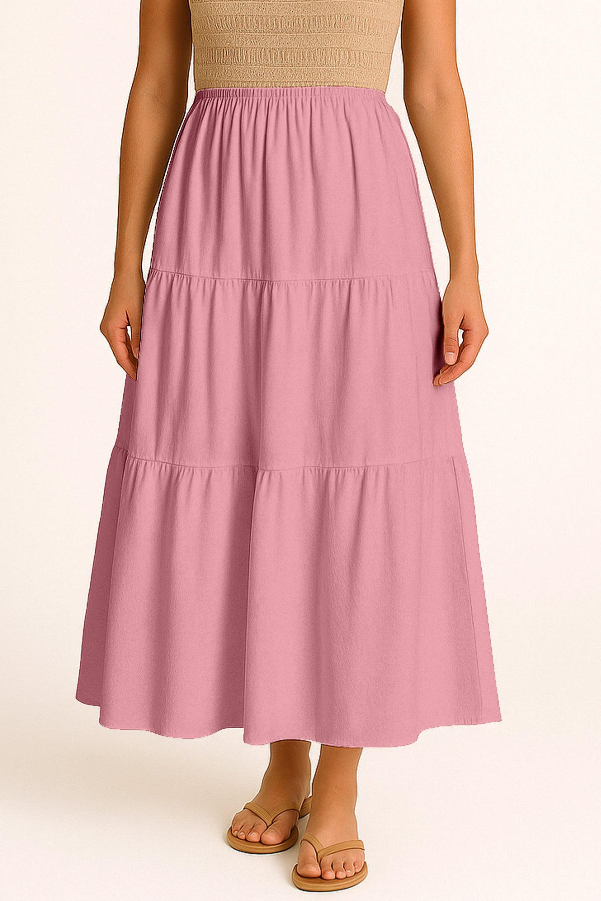 Moomaya Women's Elastic Waist Skirt | Solid Bohemian Style Rayon Maxi with Side Pockets | Tiered Flowy Skirt with Pockets