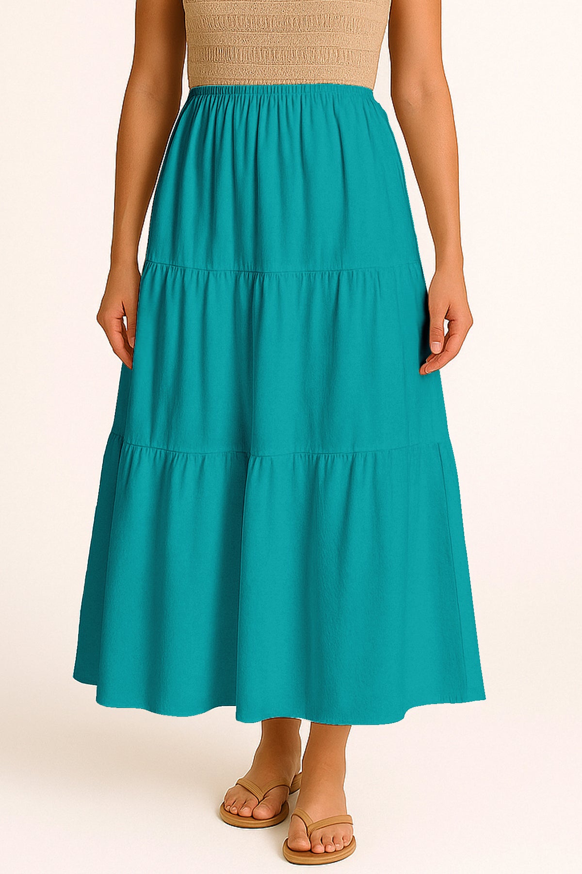 Moomaya Women's Elastic Waist Skirt | Solid Bohemian Style Rayon Maxi with Side Pockets | Tiered Flowy Skirt with Pockets