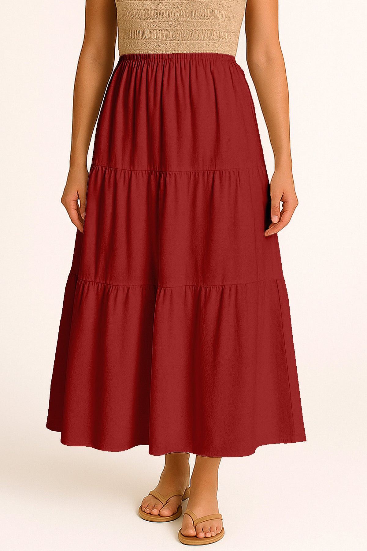 Moomaya Women's Elastic Waist Skirt | Solid Bohemian Style Rayon Maxi with Side Pockets | Tiered Flowy Skirt with Pockets