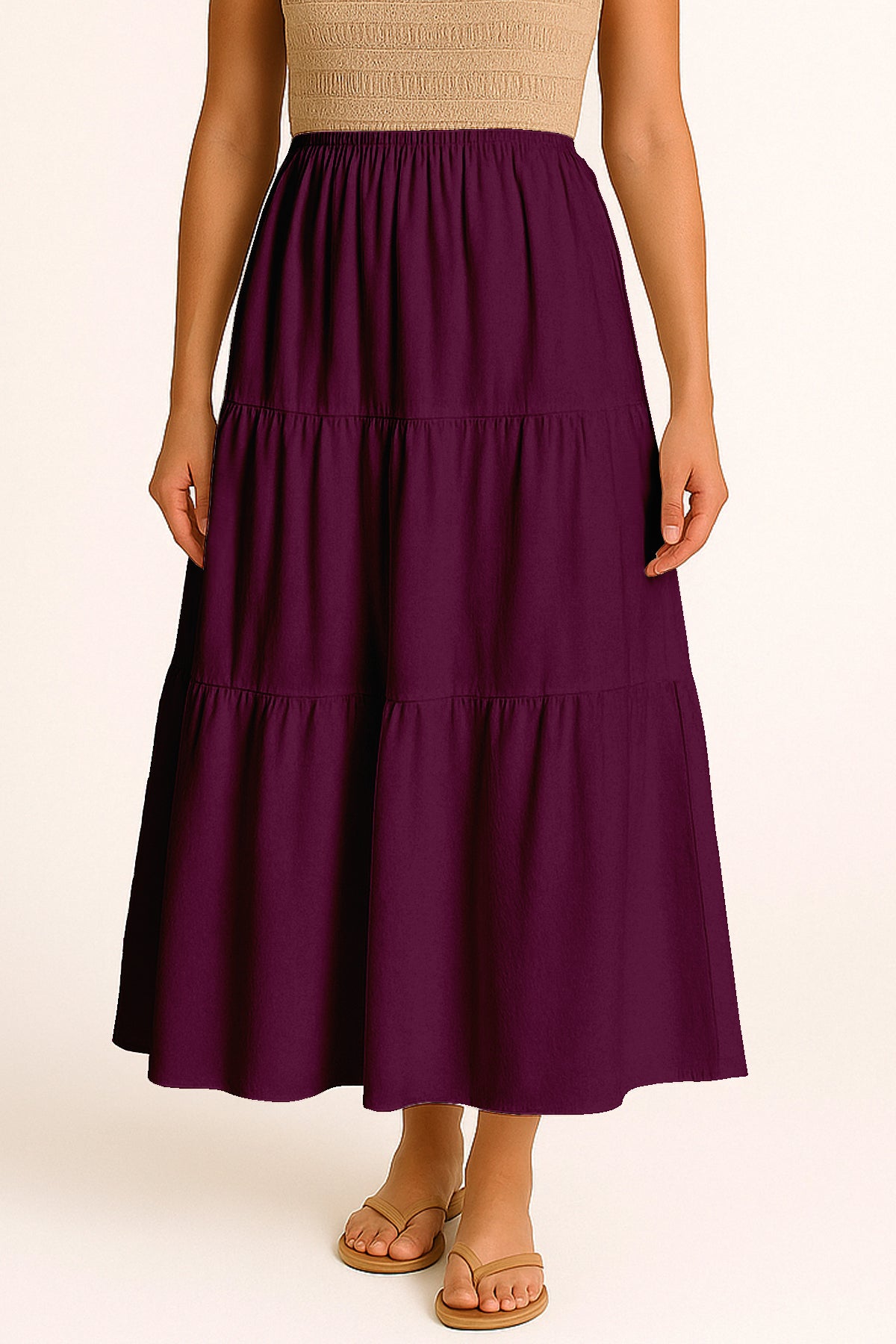 Moomaya Women's Elastic Waist Skirt | Solid Bohemian Style Rayon Maxi with Side Pockets | Tiered Flowy Skirt with Pockets