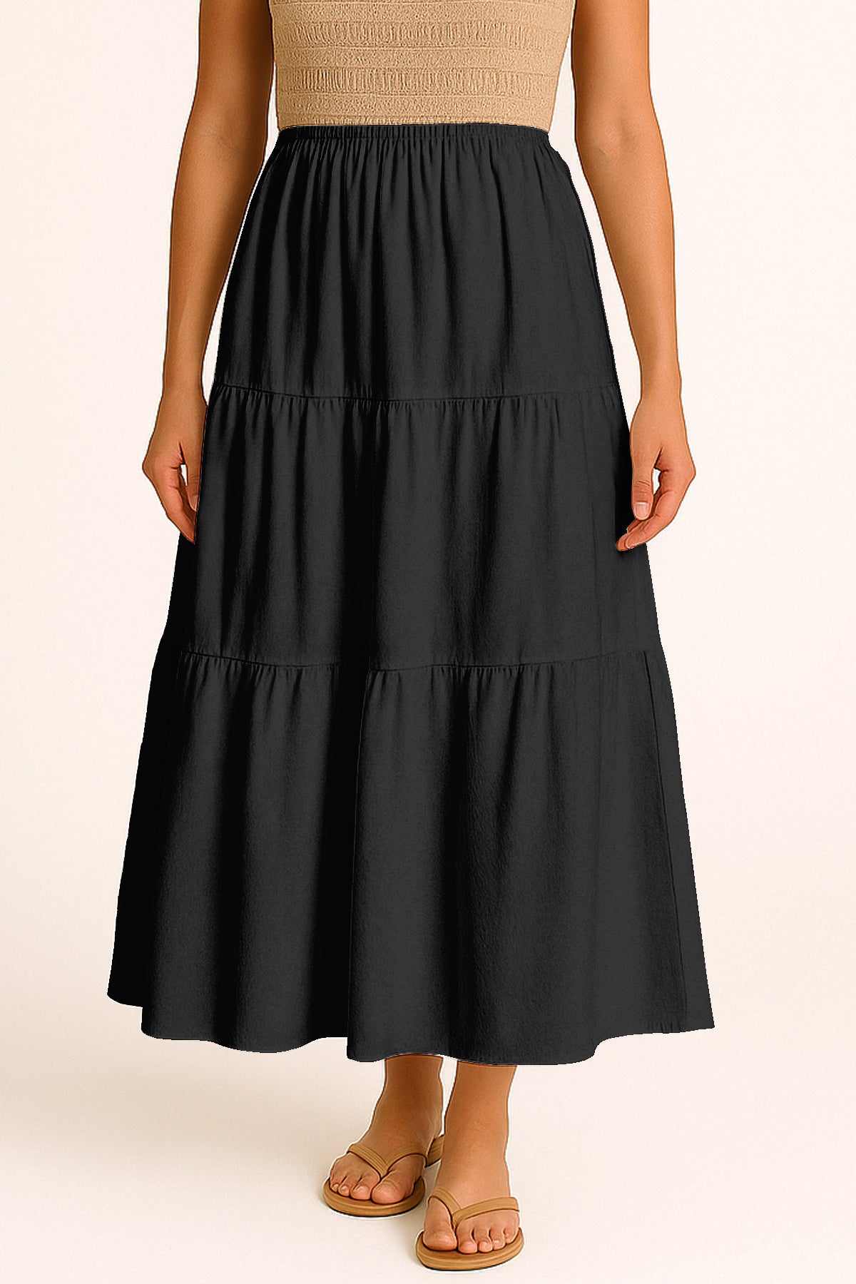 Moomaya Women's Elastic Waist Skirt | Solid Bohemian Style Rayon Maxi with Side Pockets | Tiered Flowy Skirt with Pockets