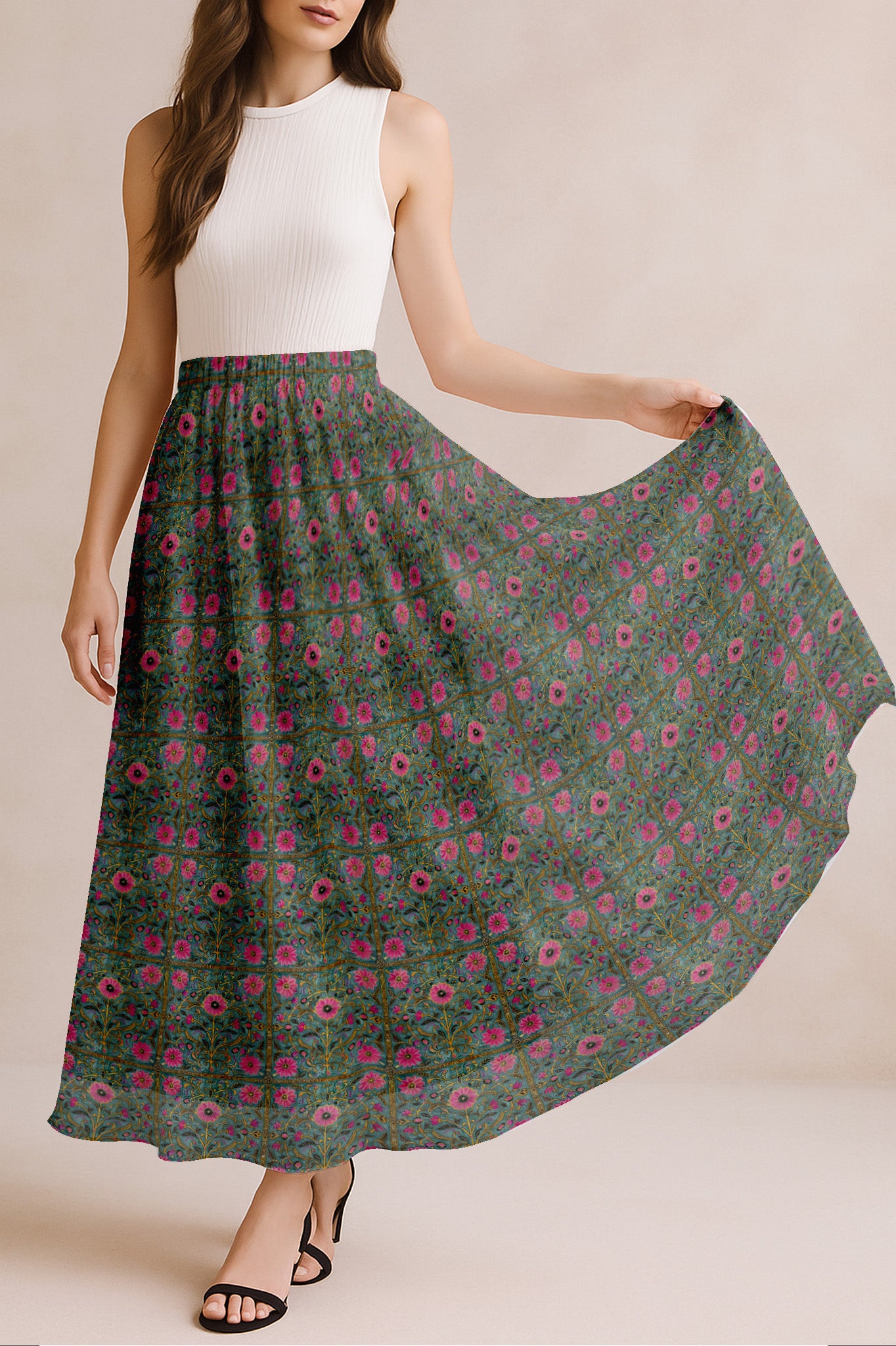 Women's Maxi Skirt with Lining - 40" Summer Outfits, High Waist Flowy Skirt