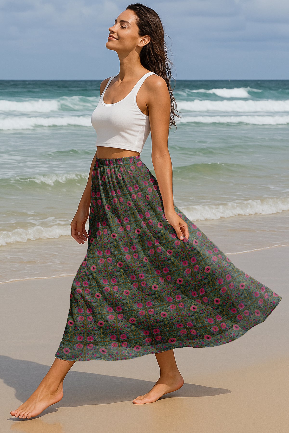 Women's Maxi Skirt with Lining - 40" Summer Outfits, High Waist Flowy Skirt