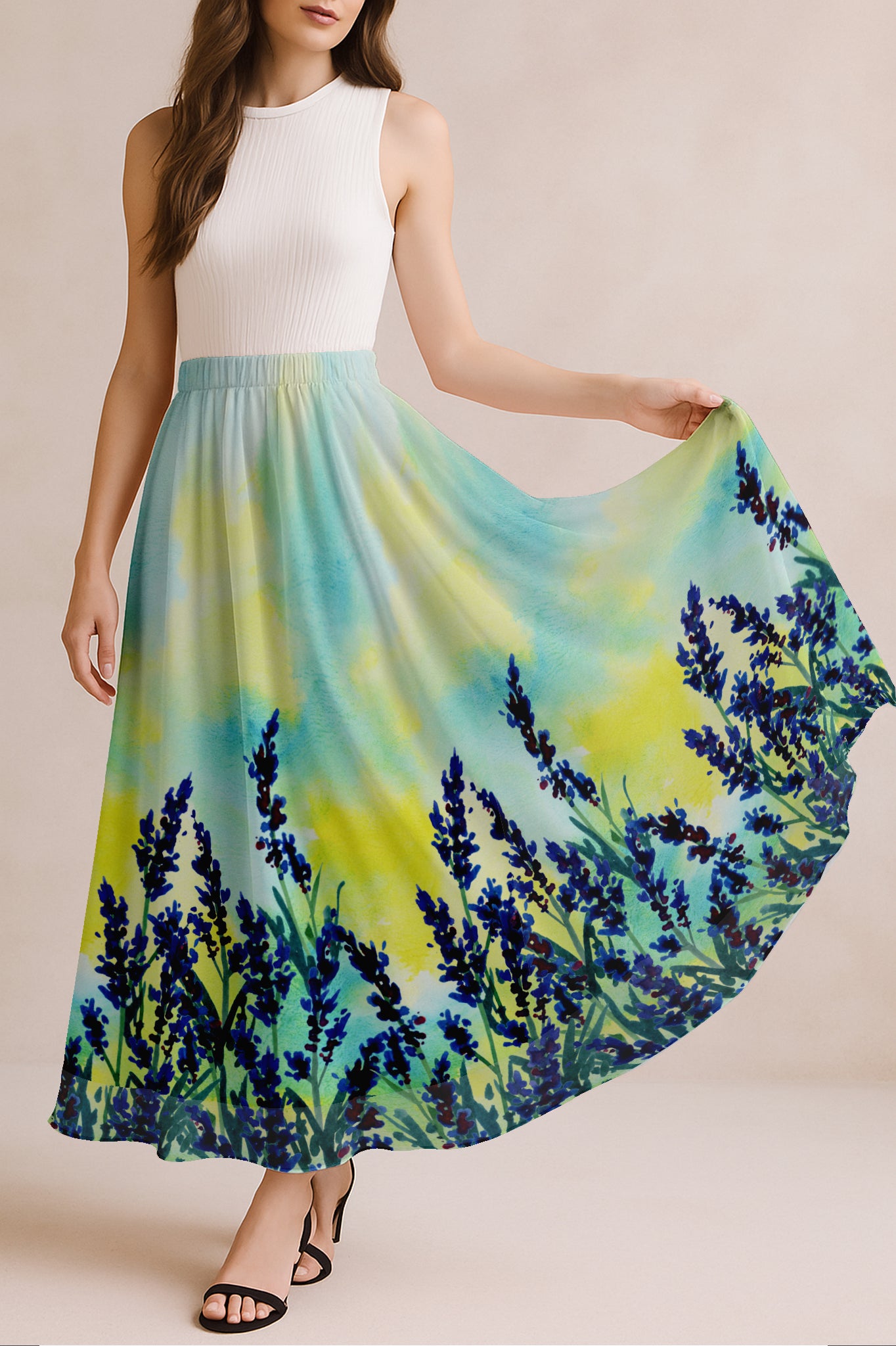 Women's Maxi Skirt with Lining - 40" Summer Outfits, High Waist Flowy Skirt