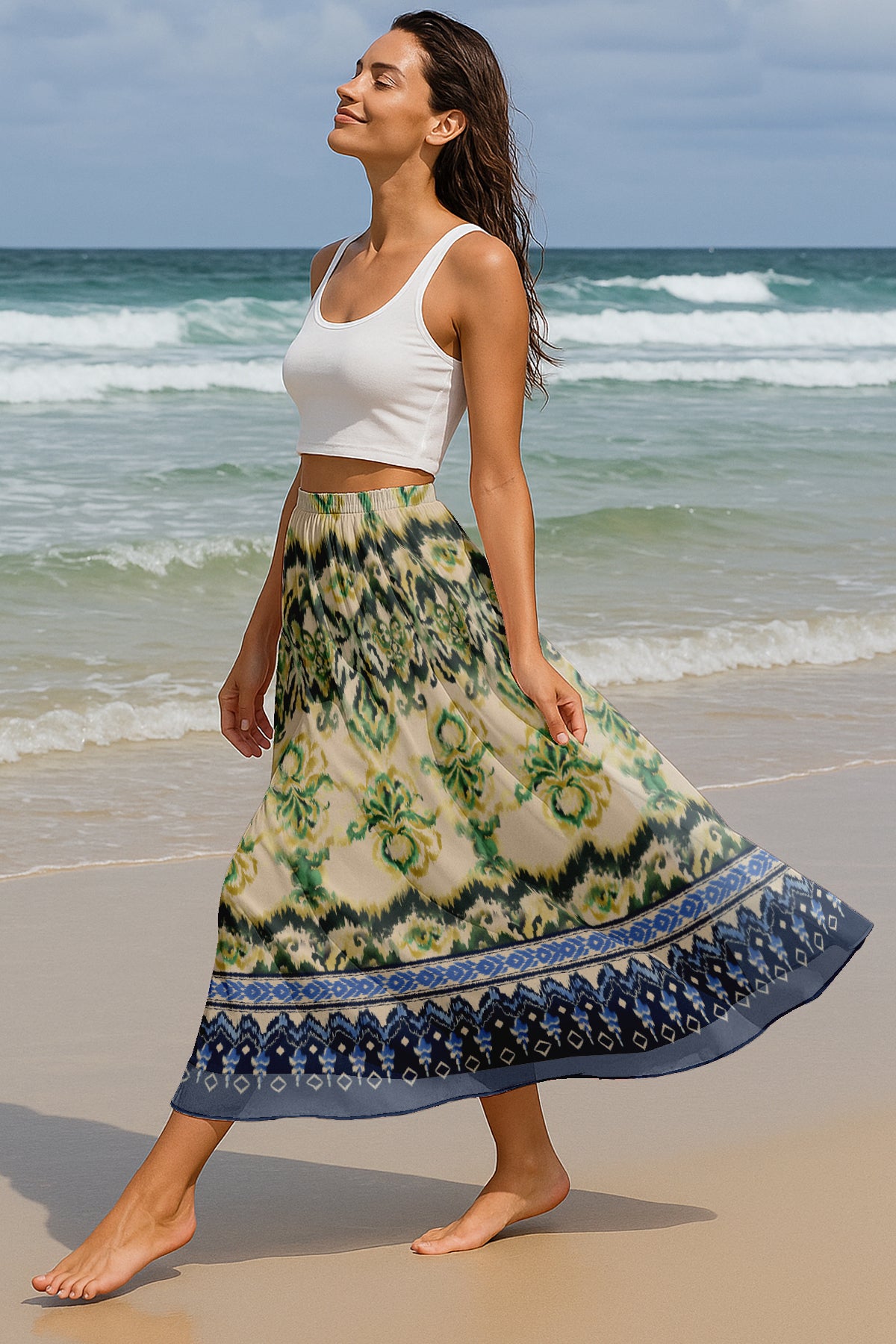 Printed Skirt for Beach, Summer Outfits, High Waist Flowy Women's Skirt