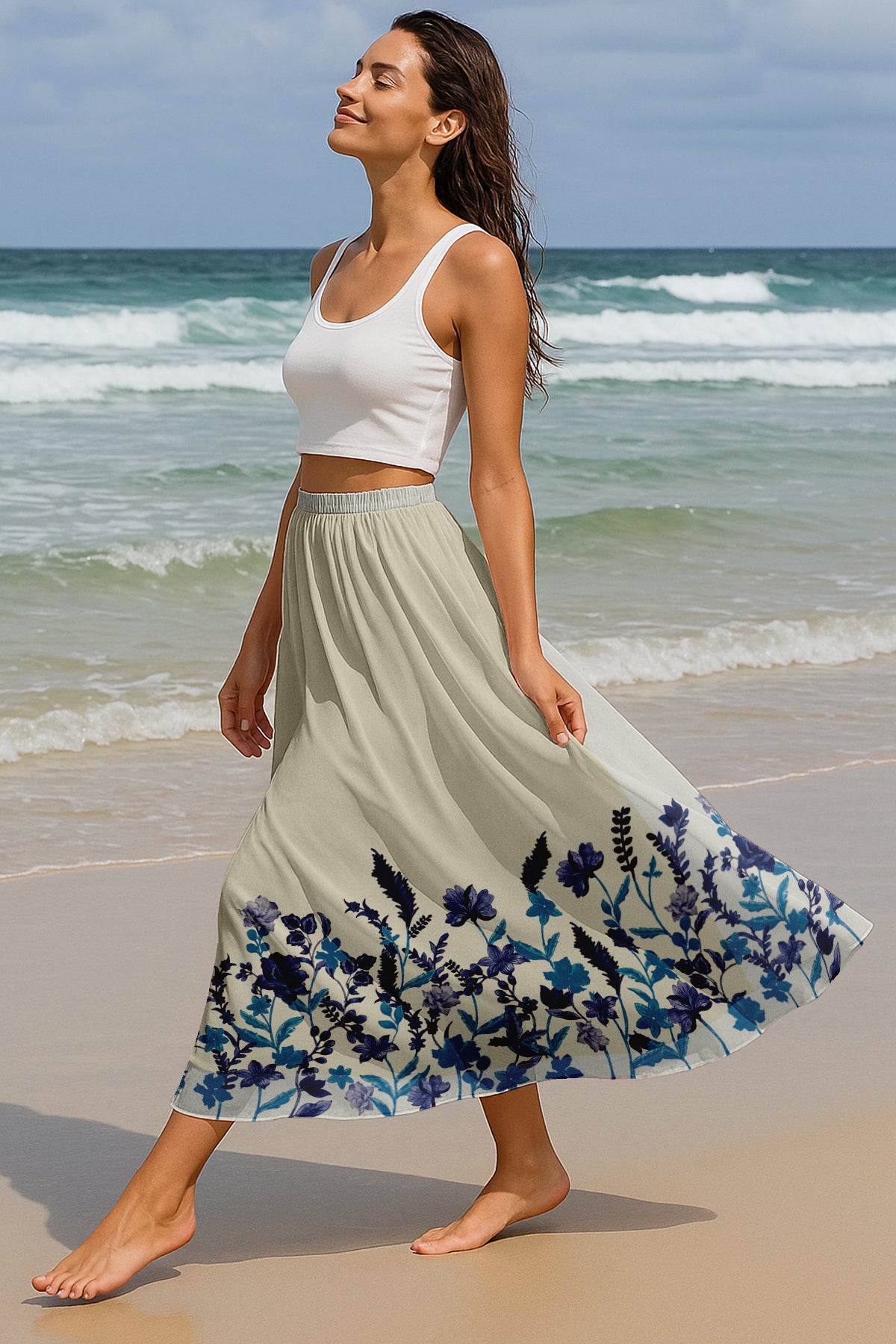 Printed Skirt for Beach, Summer Outfits, High Waist Flowy Women's Skirt