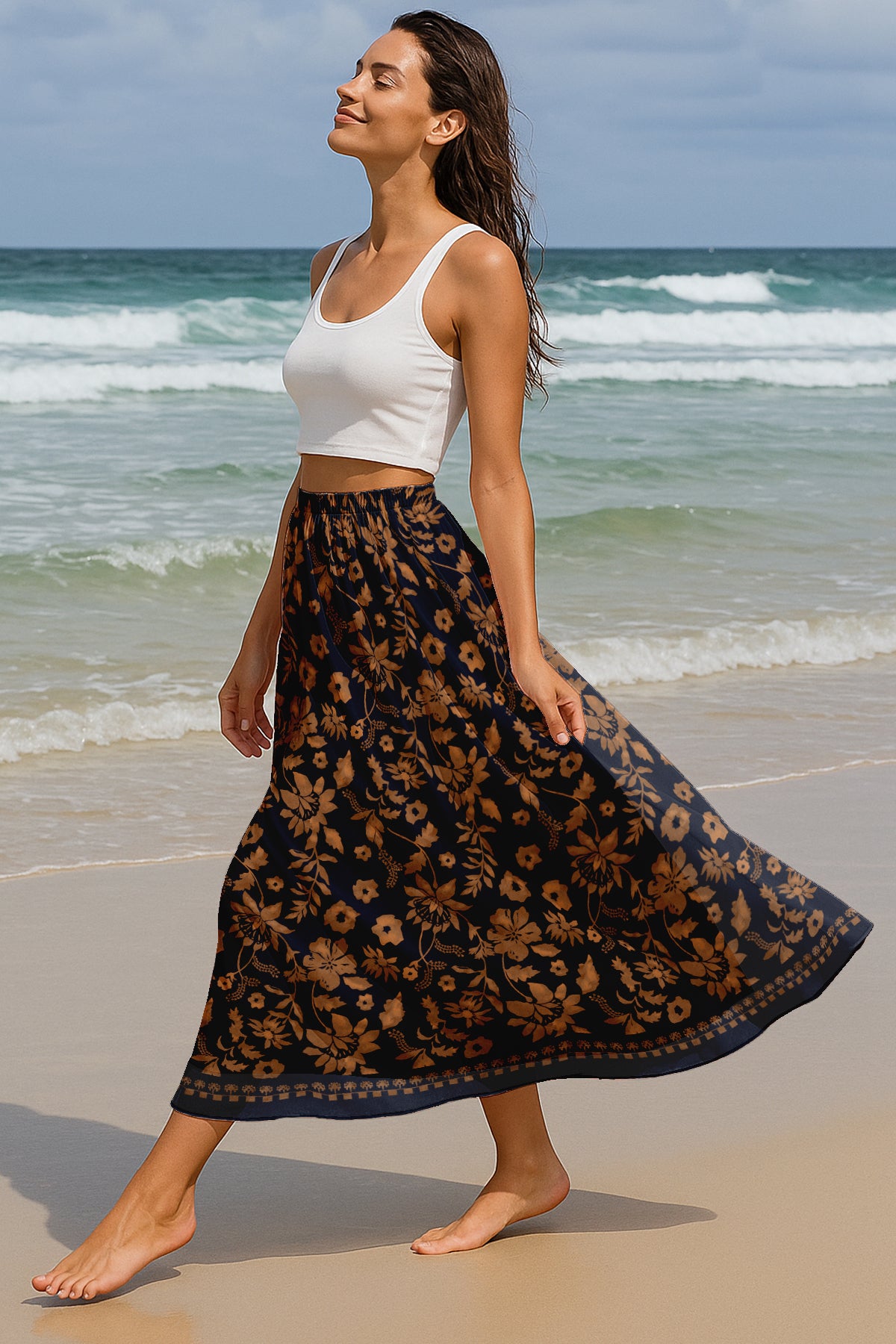 Printed Skirt for Beach, Summer Outfits, High Waist Flowy Women's Skirt