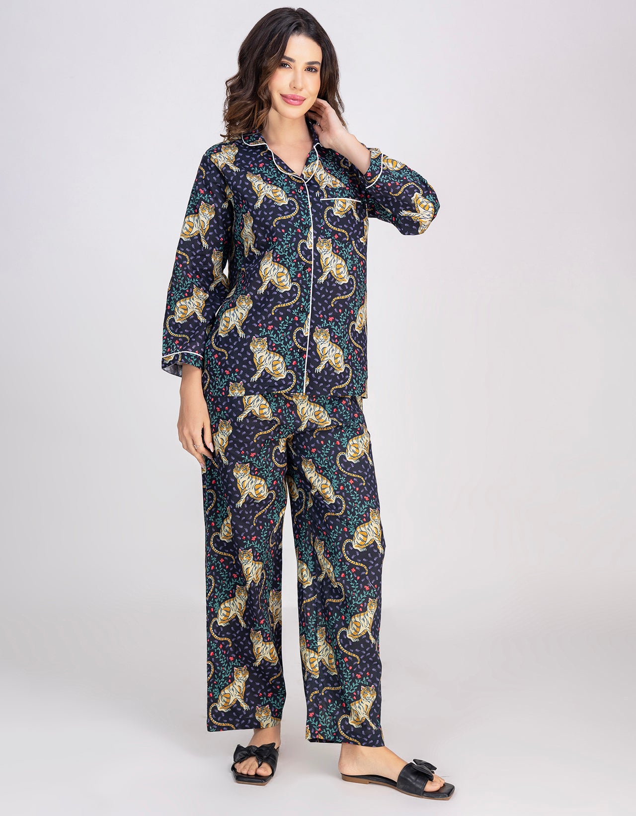 Moomaya Women's Cotton Printed Shirt & Pajama Nightwear Set