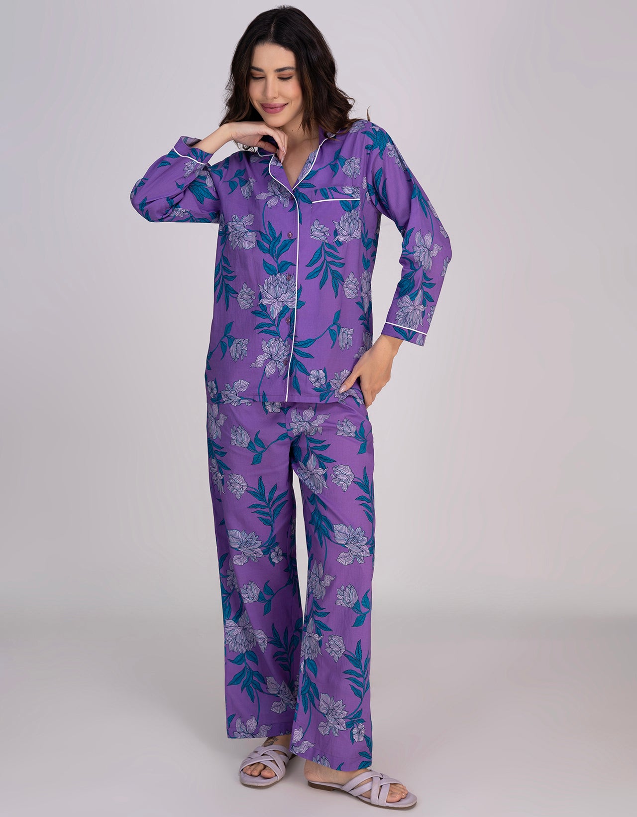 Moomaya Women's Cotton Printed Shirt & Pajama Nightwear Set