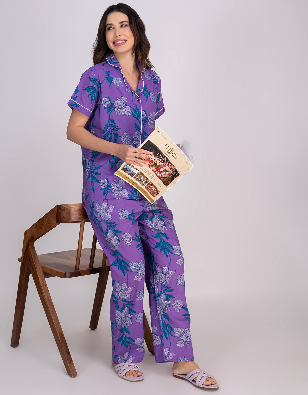 Moomaya Women's Cotton Printed Button-Down Night Short Sleeves Suit